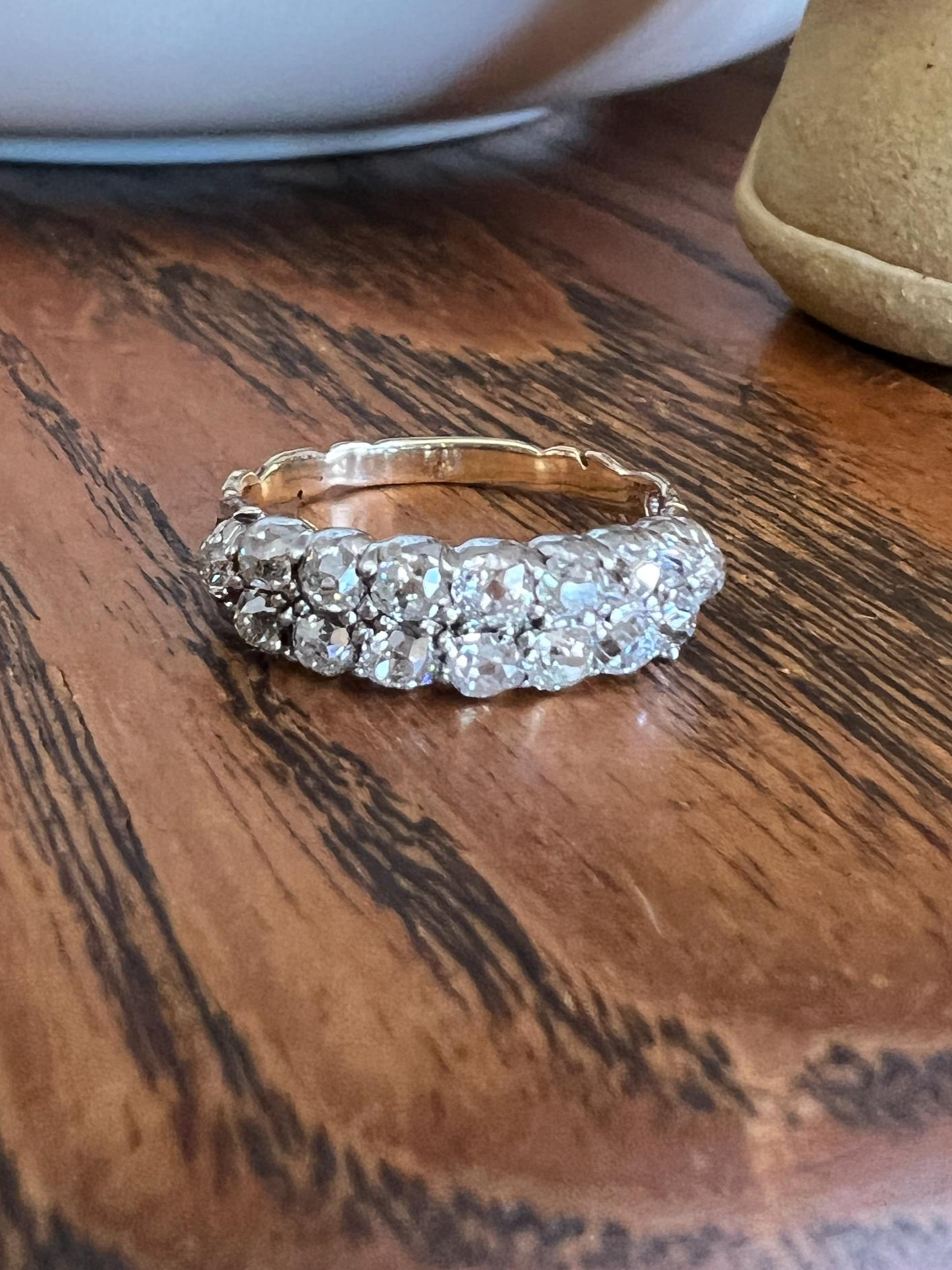 Antique 1.25 Carat Chunky Old Mine Cut DIAMOND Victorian 14k Gold Silver Double Row Ring Collet Set Band Romantic Gift Stacker 1.25ctw OMC