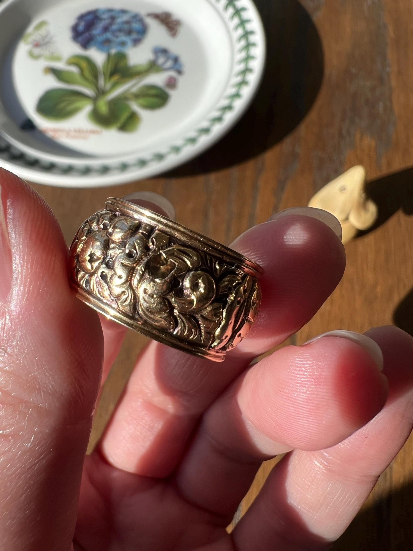 XL Antique FLORAL Embossed French Georgian Victorian Era Eternity Band 11mm Wide Ring 18k Gold Wedding Stacker Romantic Gift Flower Domed