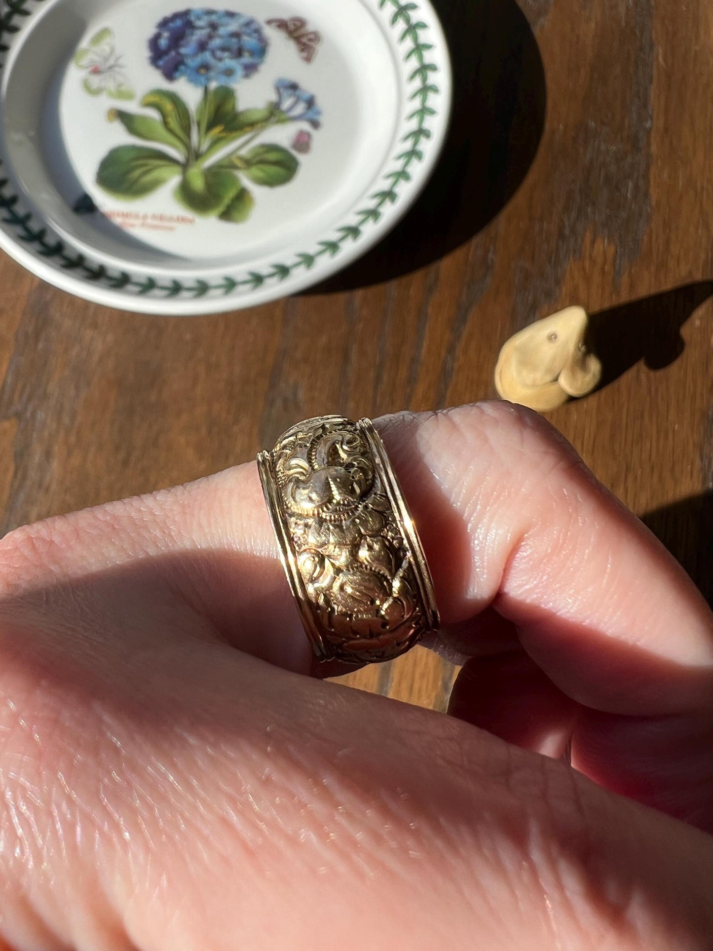 XL Antique FLORAL Embossed French Georgian Victorian Era Eternity Band 11mm Wide Ring 18k Gold Wedding Stacker Romantic Gift Flower Domed