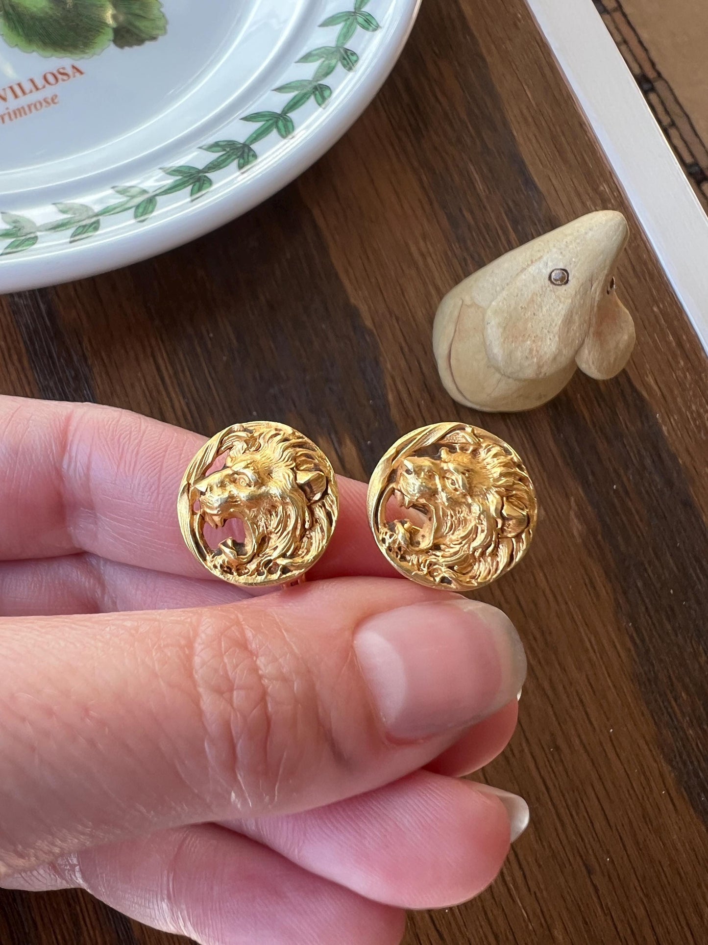 ROAR! Antique LION Figural Animal EARRINGS 8.8g 18k Gold Head Face Sturdy Clip On or Pendant Charm Studs French Vintage 3D Heavy Chunky Stud