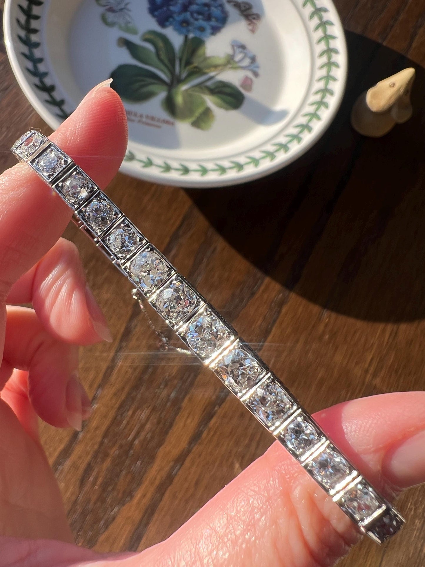 Antique 9.75 CARAT 38 Old European & Mine Cut DIAMOND Line Bracelet PLATINUM French Geometric Engraved Wriststack Belle Epoque OmC Tennis