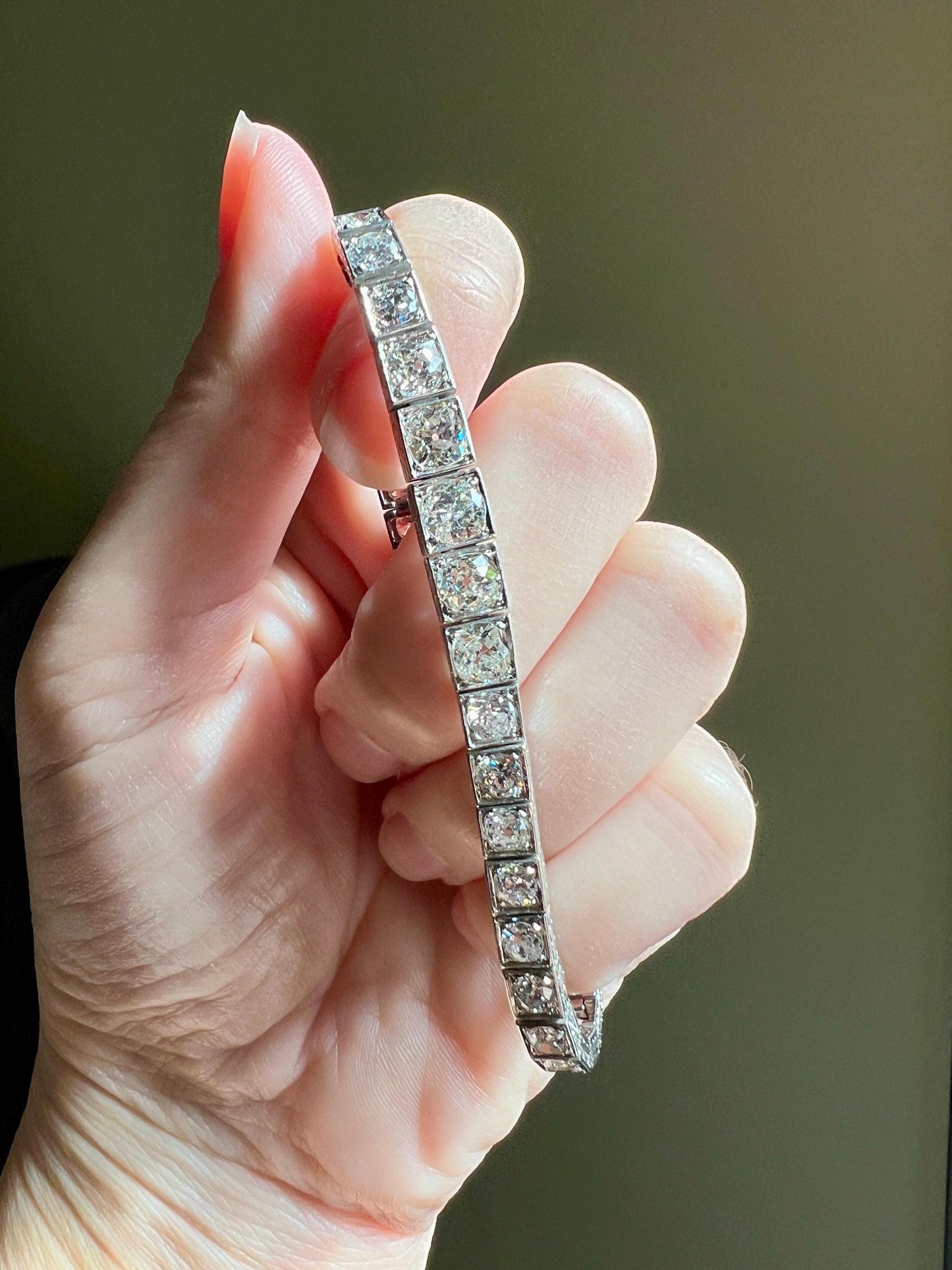 Antique 9.75 CARAT 38 Old European & Mine Cut DIAMOND Line Bracelet PLATINUM French Geometric Engraved Wriststack Belle Epoque OmC Tennis