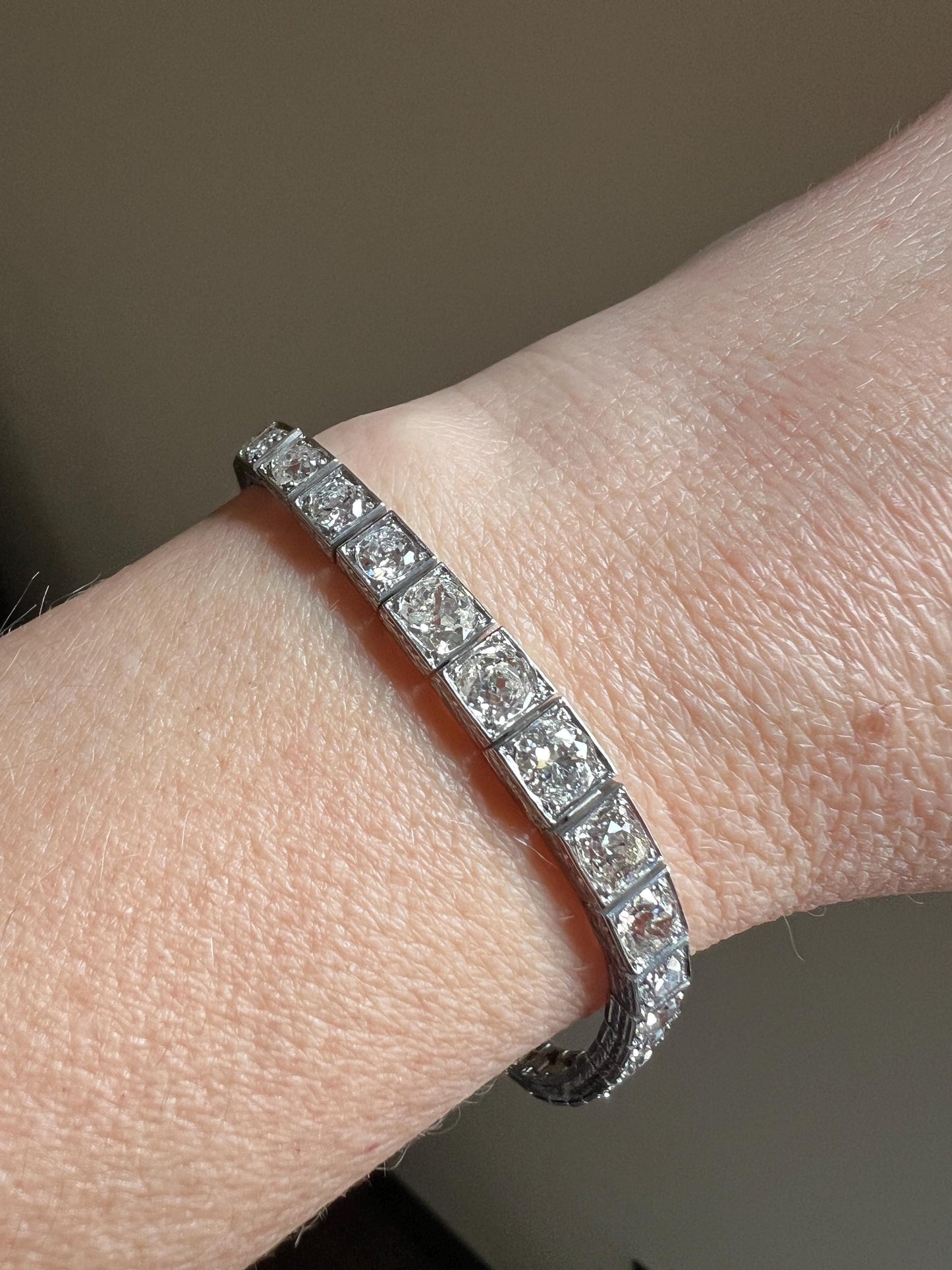Antique 9.75 CARAT 38 Old European & Mine Cut DIAMOND Line Bracelet PLATINUM French Geometric Engraved Wriststack Belle Epoque OmC Tennis