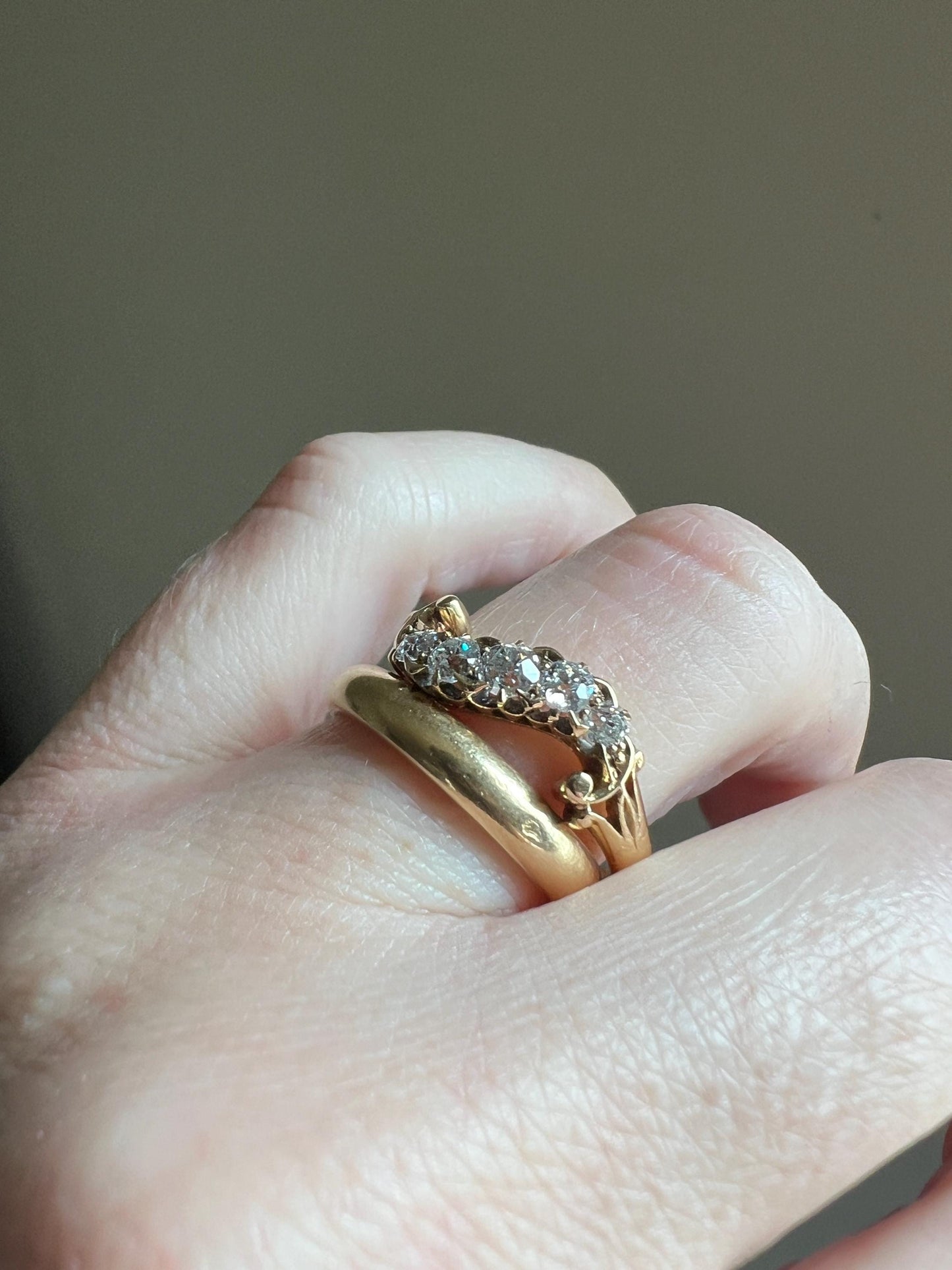 SWIRL Old Mine Cut DIAMOND Five Stone Band Crossover Ring Swirl Band 18k Gold Antique Bypass Ornate Stacker Victorian Sparkle Romantic Gift
