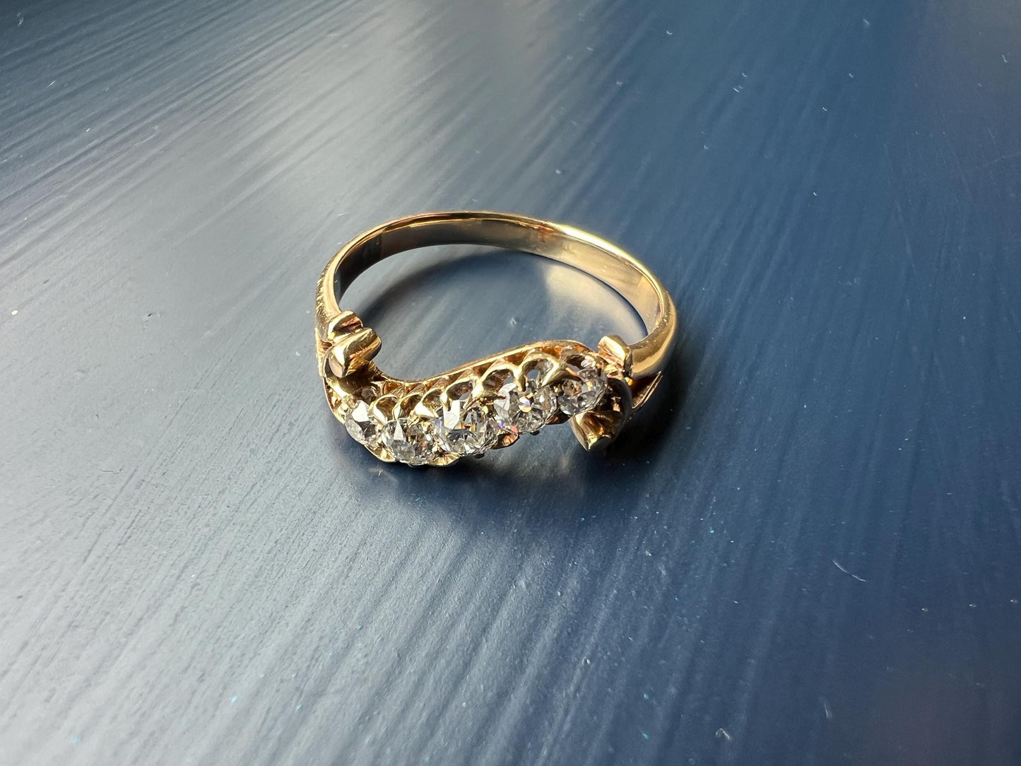 SWIRL Old Mine Cut DIAMOND Five Stone Band Crossover Ring Swirl Band 18k Gold Antique Bypass Ornate Stacker Victorian Sparkle Romantic Gift