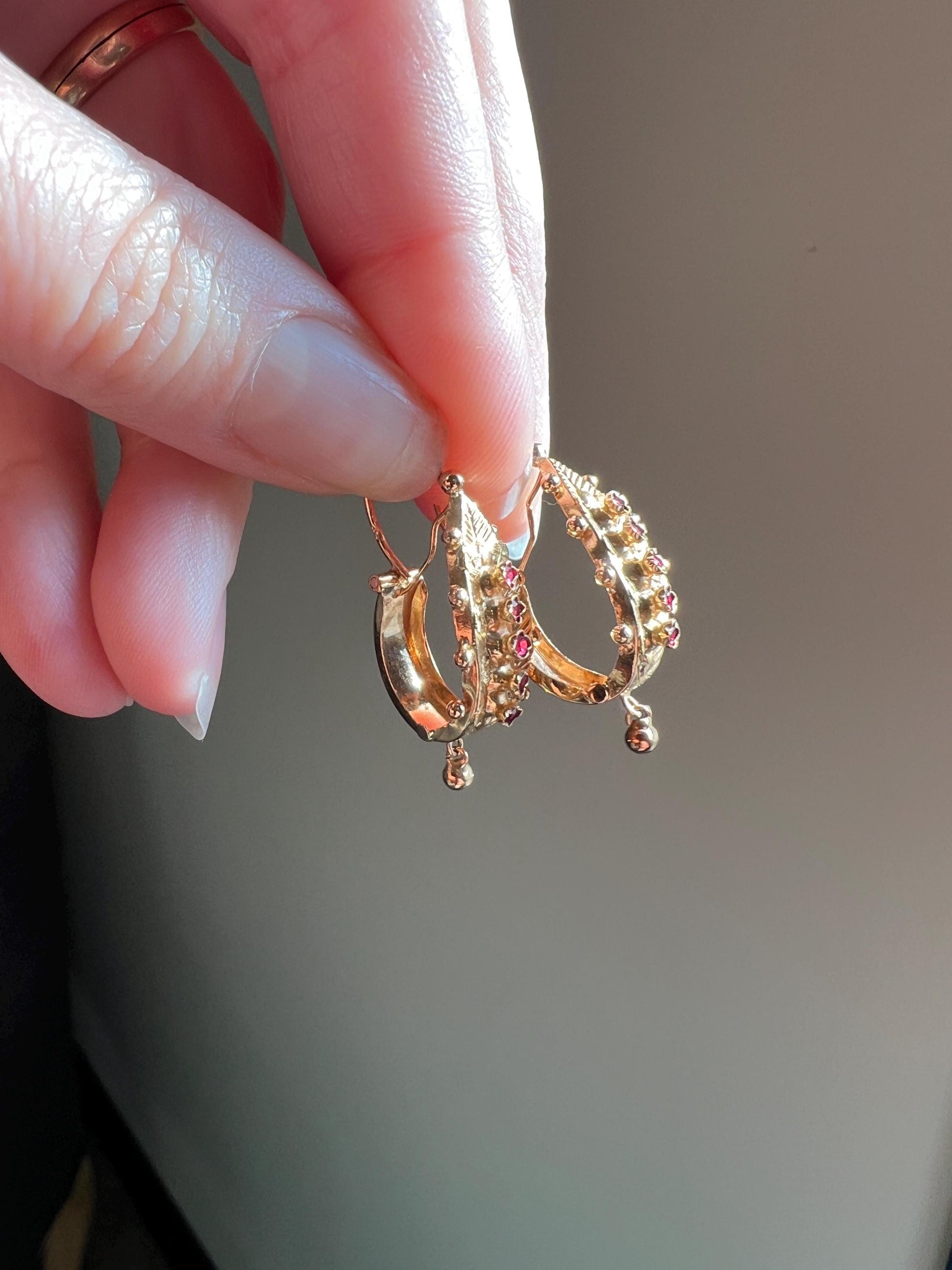 Ornate Antique Ball Rivet Poissarde Earrings Linear Red Paste Ruby Garnet Dangle French Belle Epoque 18k Gold Briquet Hoops Floral