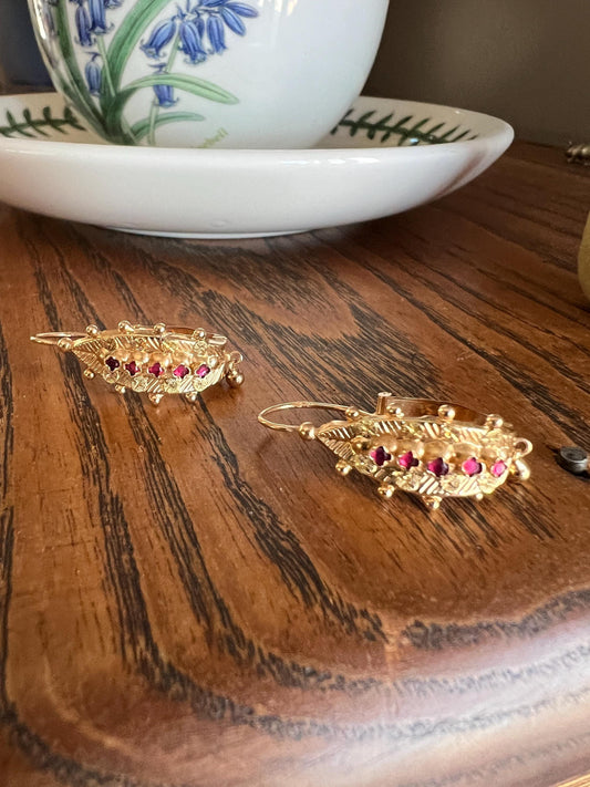 Ornate Antique Ball Rivet Poissarde Earrings Linear Red Paste Ruby Garnet Dangle French Belle Epoque 18k Gold Briquet Hoops Floral