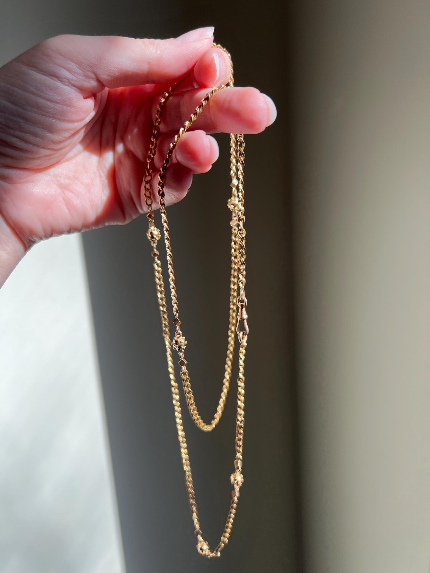 CUBE & Spiked Ball French Early VICTORIAN 18k Gold 10.9g Extra Long Guard Cable Link 30" Muff Chain Necklace Pendant Holder Geometric Glow
