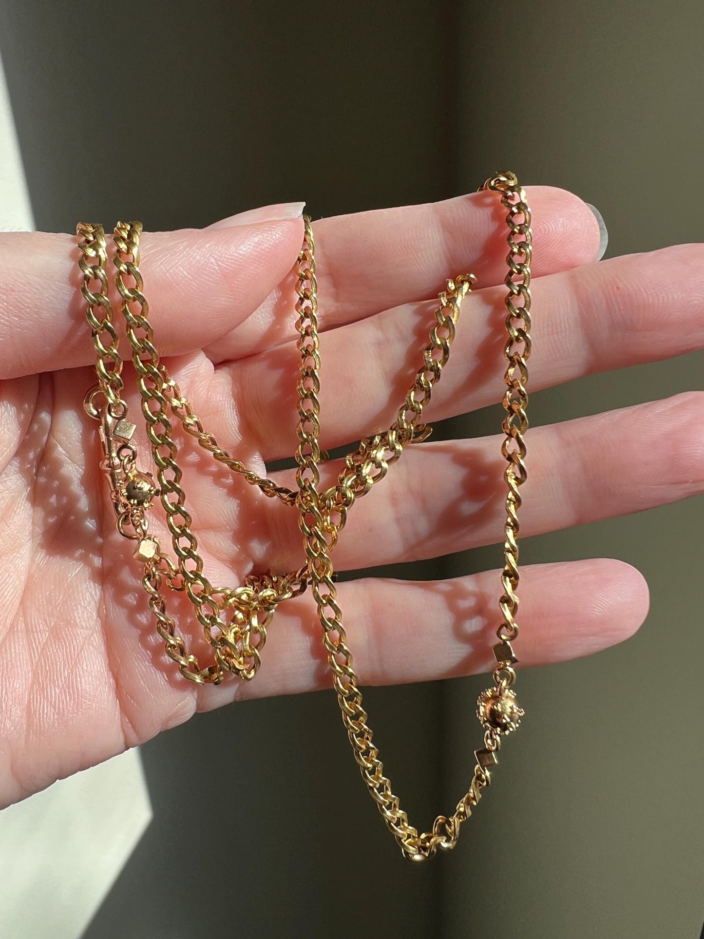 CUBE & Spiked Ball French Early VICTORIAN 18k Gold 10.9g Extra Long Guard Cable Link 30" Muff Chain Necklace Pendant Holder Geometric Glow