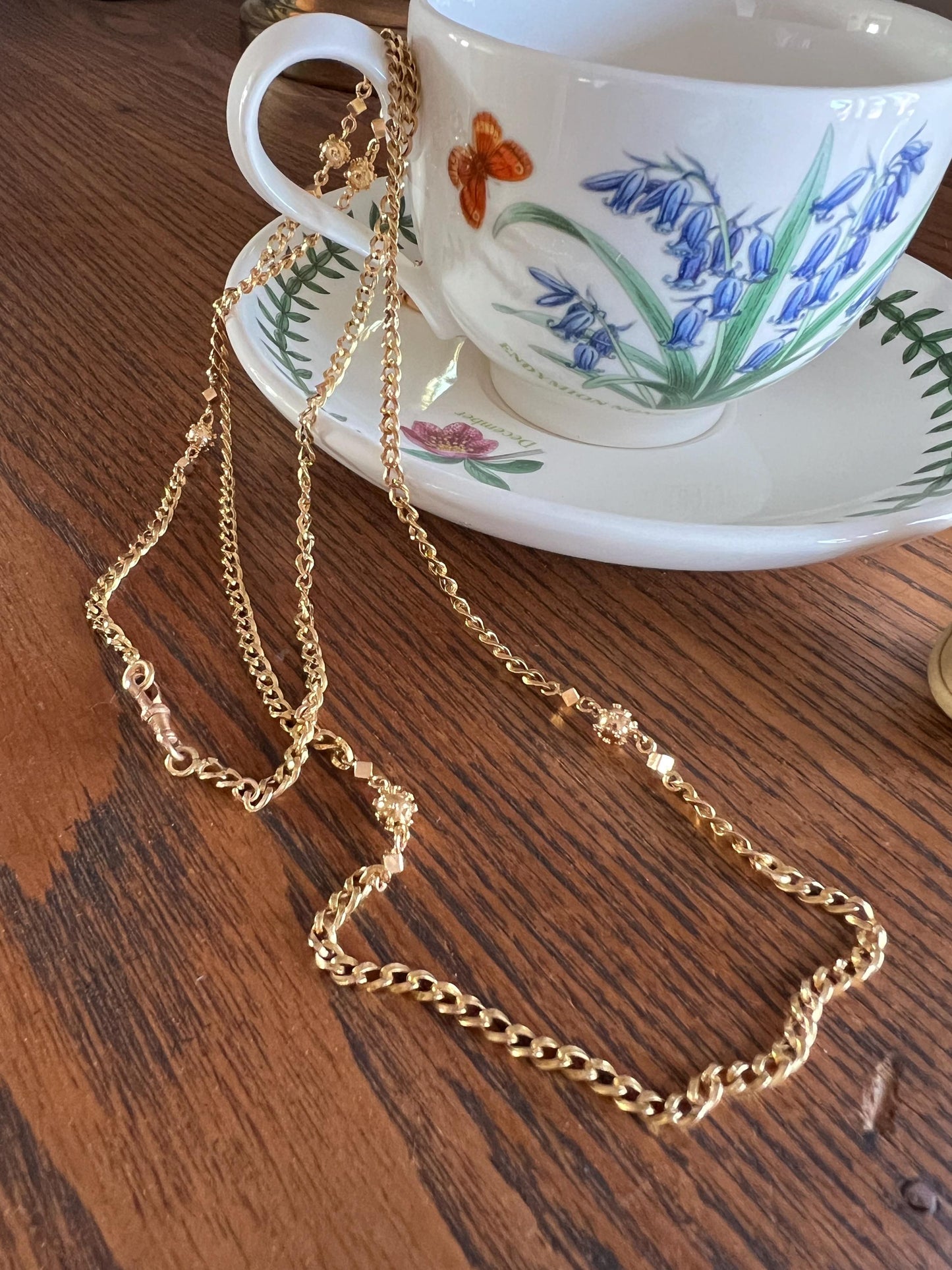 CUBE & Spiked Ball French Early VICTORIAN 18k Gold 10.9g Extra Long Guard Cable Link 30" Muff Chain Necklace Pendant Holder Geometric Glow