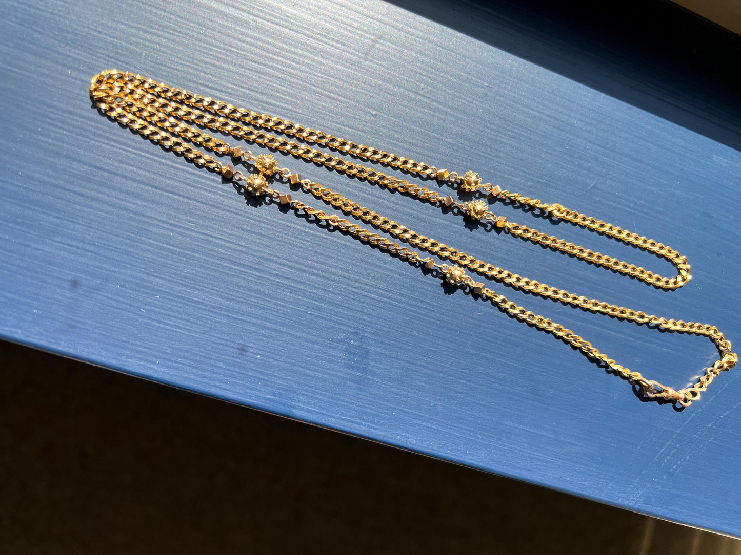 CUBE & Spiked Ball French Early VICTORIAN 18k Gold 10.9g Extra Long Guard Cable Link 30" Muff Chain Necklace Pendant Holder Geometric Glow