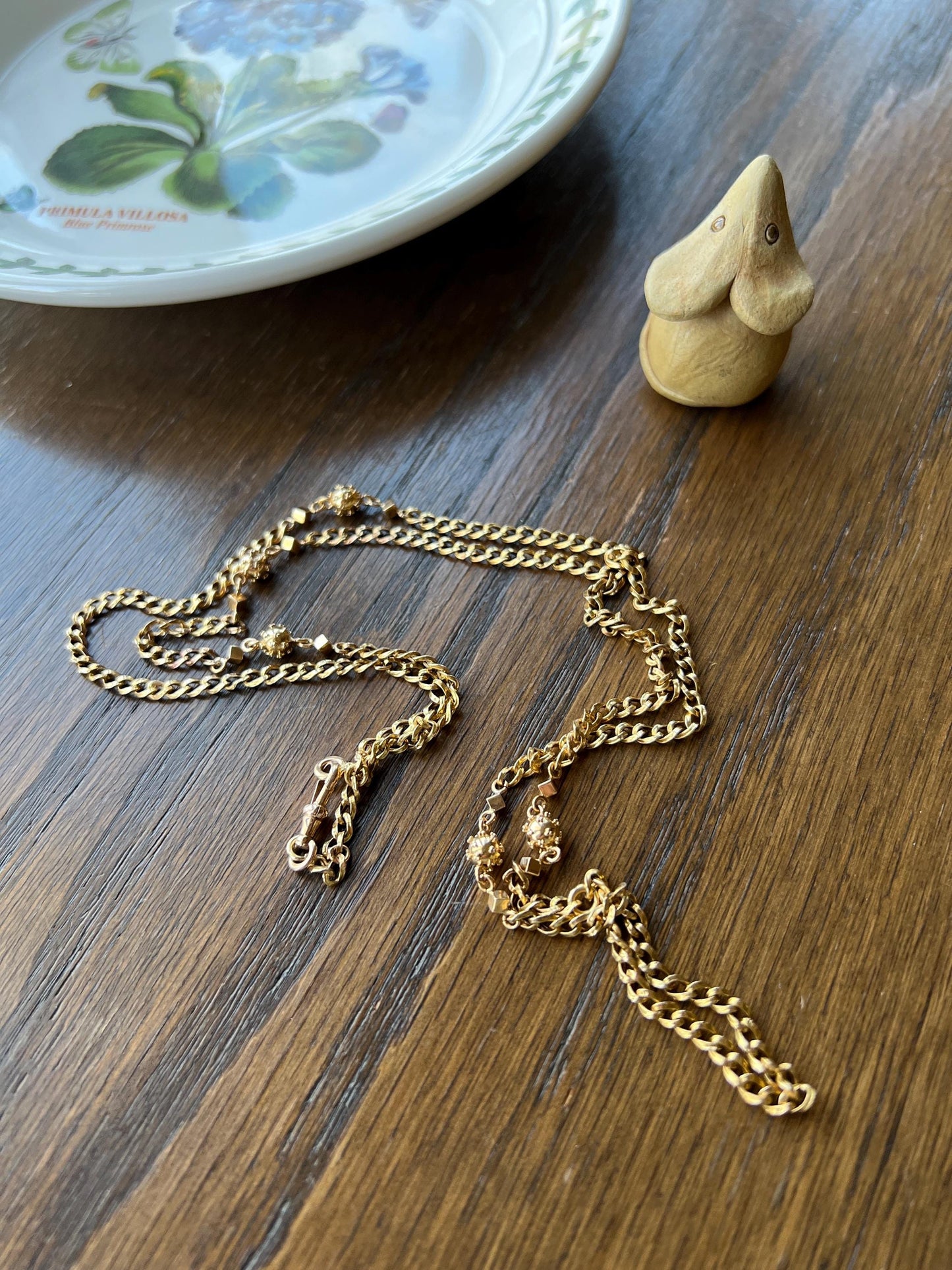 CUBE & Spiked Ball French Early VICTORIAN 18k Gold 10.9g Extra Long Guard Cable Link 30" Muff Chain Necklace Pendant Holder Geometric Glow