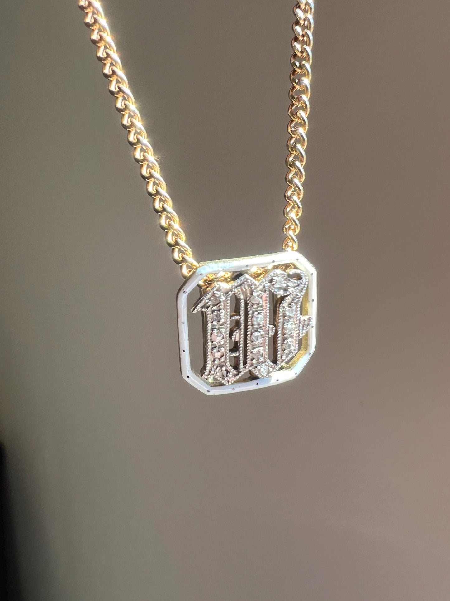 Antique INITIAL M or W Letter Rose Cut DIAMOND Pendant 14k Gold Enamel Bracelet Necklace Charm Gift Symbol Victorian - Art Deco Geometric