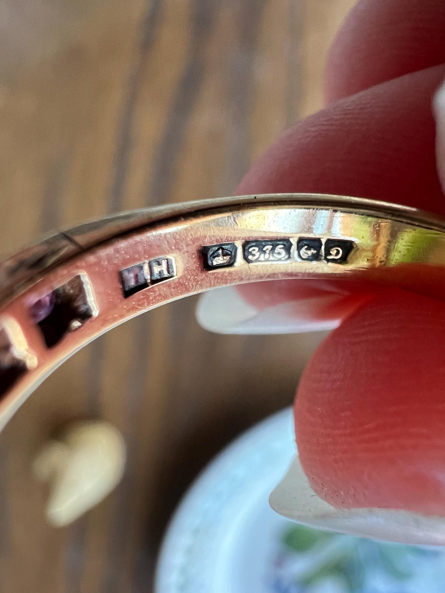 Vintage RUBY & Diamond Alternating Half Eternity Hoop Band 9k Gold Nine Stone Ring Engraved Stacker Pink Red Linear Romantic Gift Not 10k