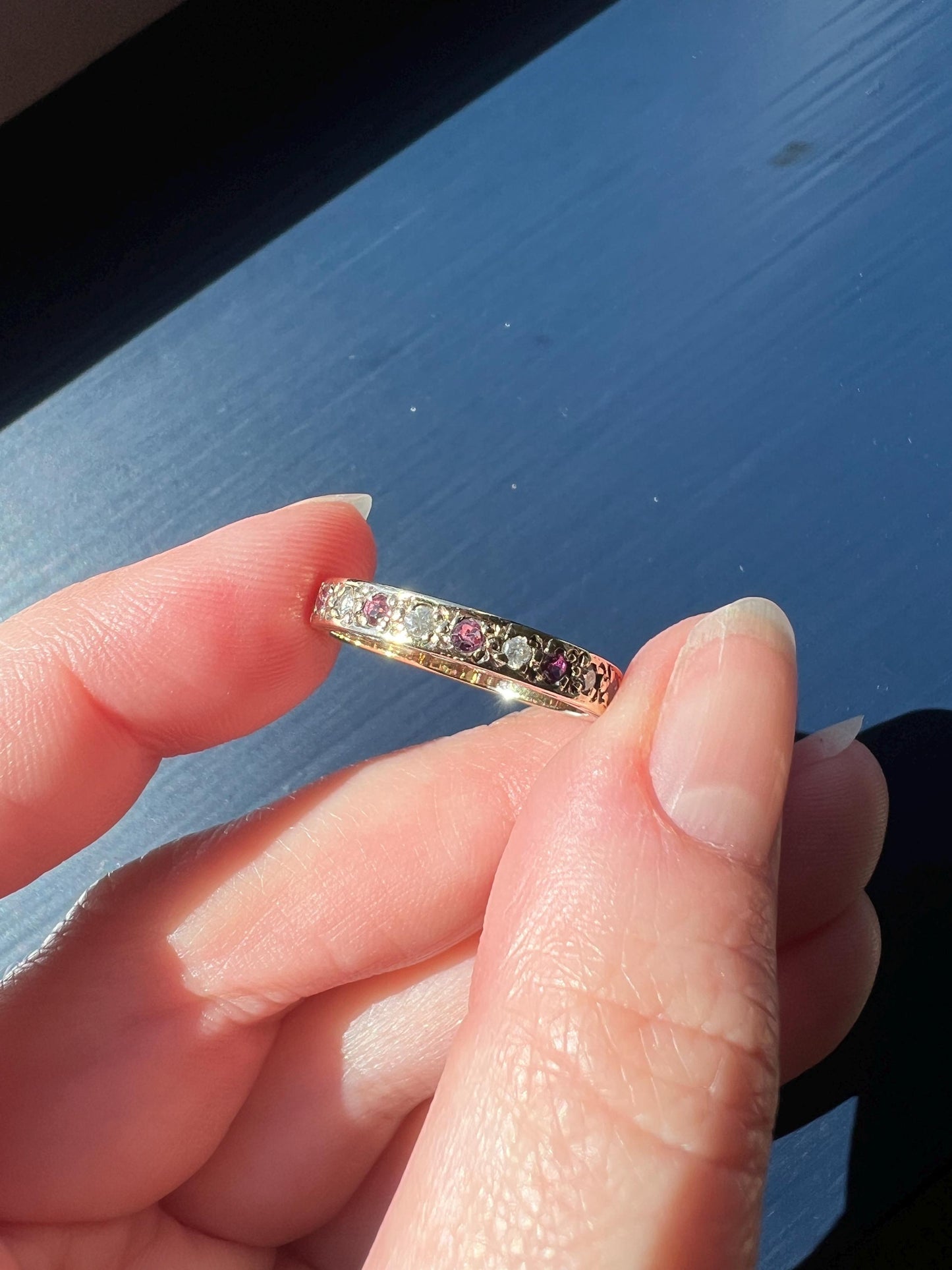 Vintage RUBY & Diamond Alternating Half Eternity Hoop Band 9k Gold Nine Stone Ring Engraved Stacker Pink Red Linear Romantic Gift Not 10k