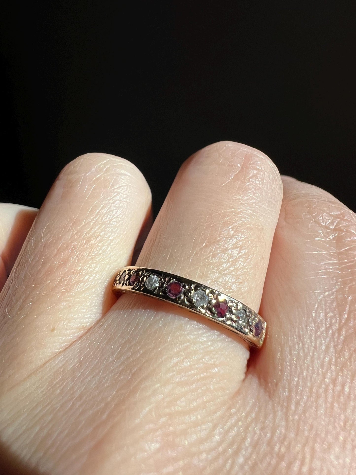 Vintage RUBY & Diamond Alternating Half Eternity Hoop Band 9k Gold Nine Stone Ring Engraved Stacker Pink Red Linear Romantic Gift Not 10k