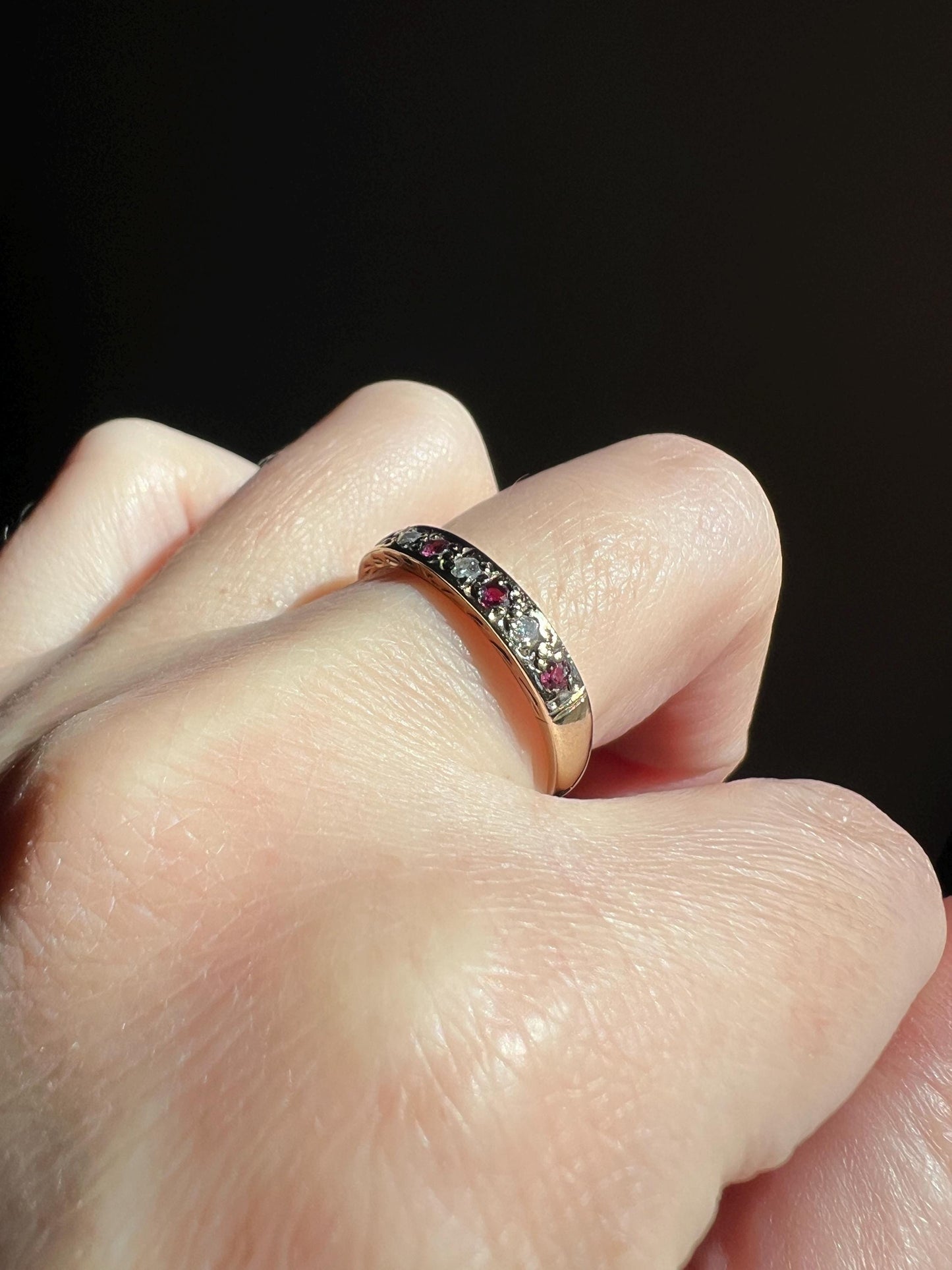 Vintage RUBY & Diamond Alternating Half Eternity Hoop Band 9k Gold Nine Stone Ring Engraved Stacker Pink Red Linear Romantic Gift Not 10k