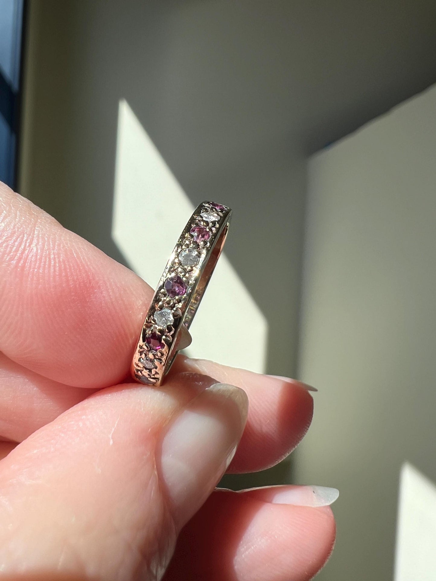Vintage RUBY & Diamond Alternating Half Eternity Hoop Band 9k Gold Nine Stone Ring Engraved Stacker Pink Red Linear Romantic Gift Not 10k