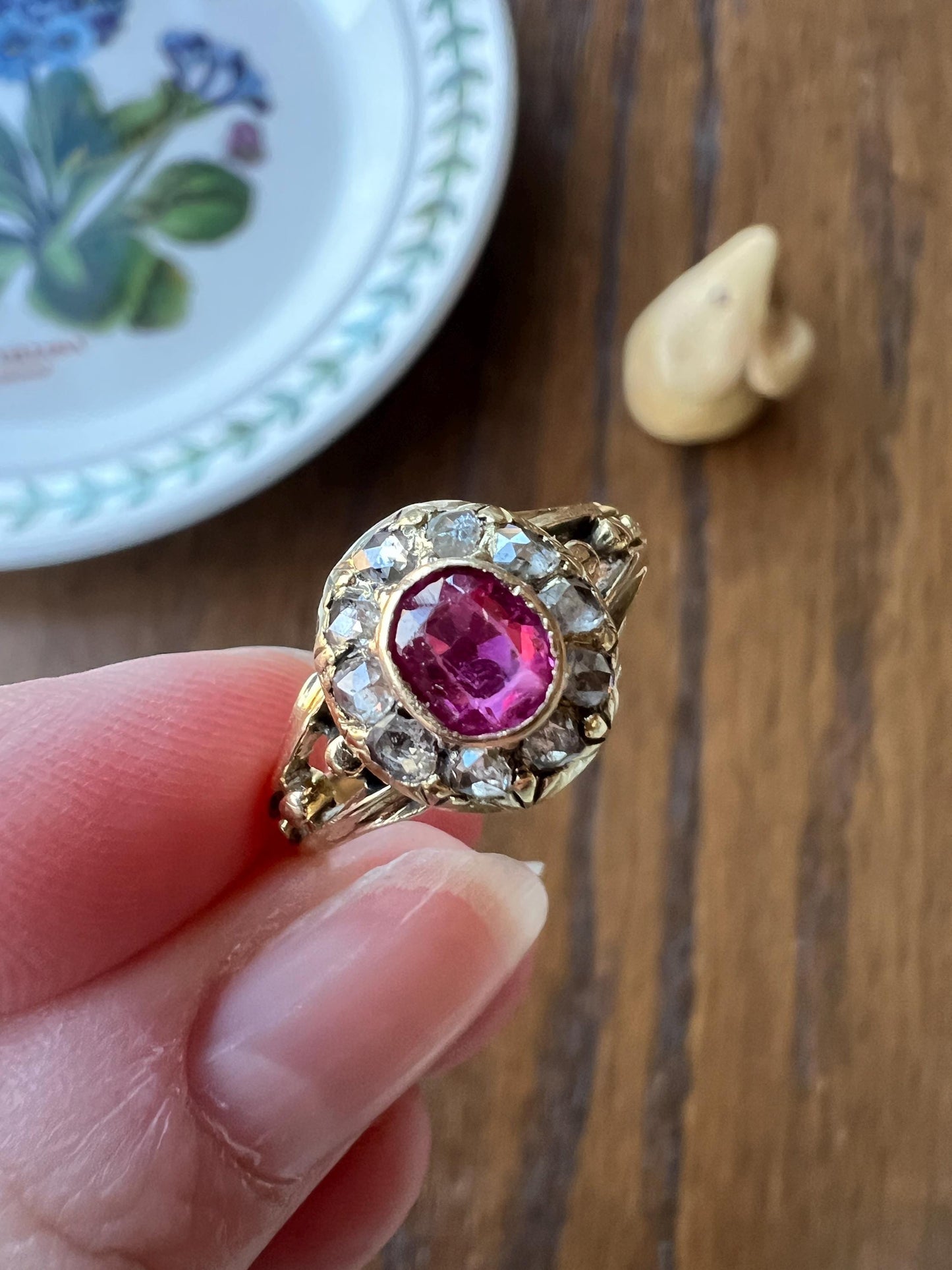 VICTORIAN Antique Pink Old Cut Natural RUBY Rose Cut Diamond Halo Ring Bead Ball Rivet Band 18k Gold Ornate Stacker Love Gift Belle Epoque