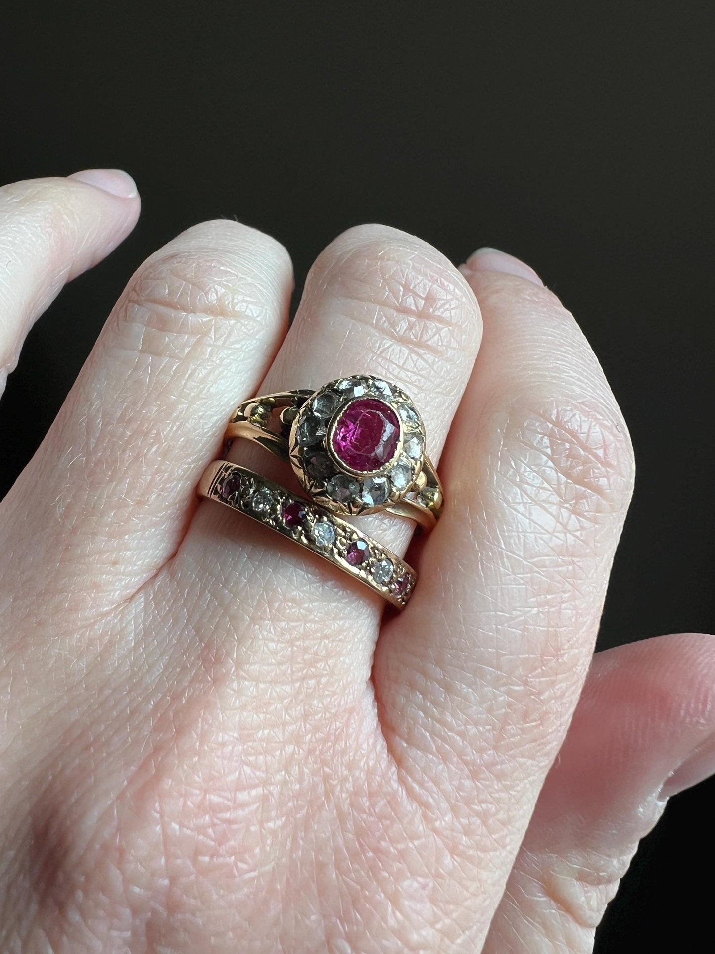 VICTORIAN Antique Pink Old Cut Natural RUBY Rose Cut Diamond Halo Ring Bead Ball Rivet Band 18k Gold Ornate Stacker Love Gift Belle Epoque
