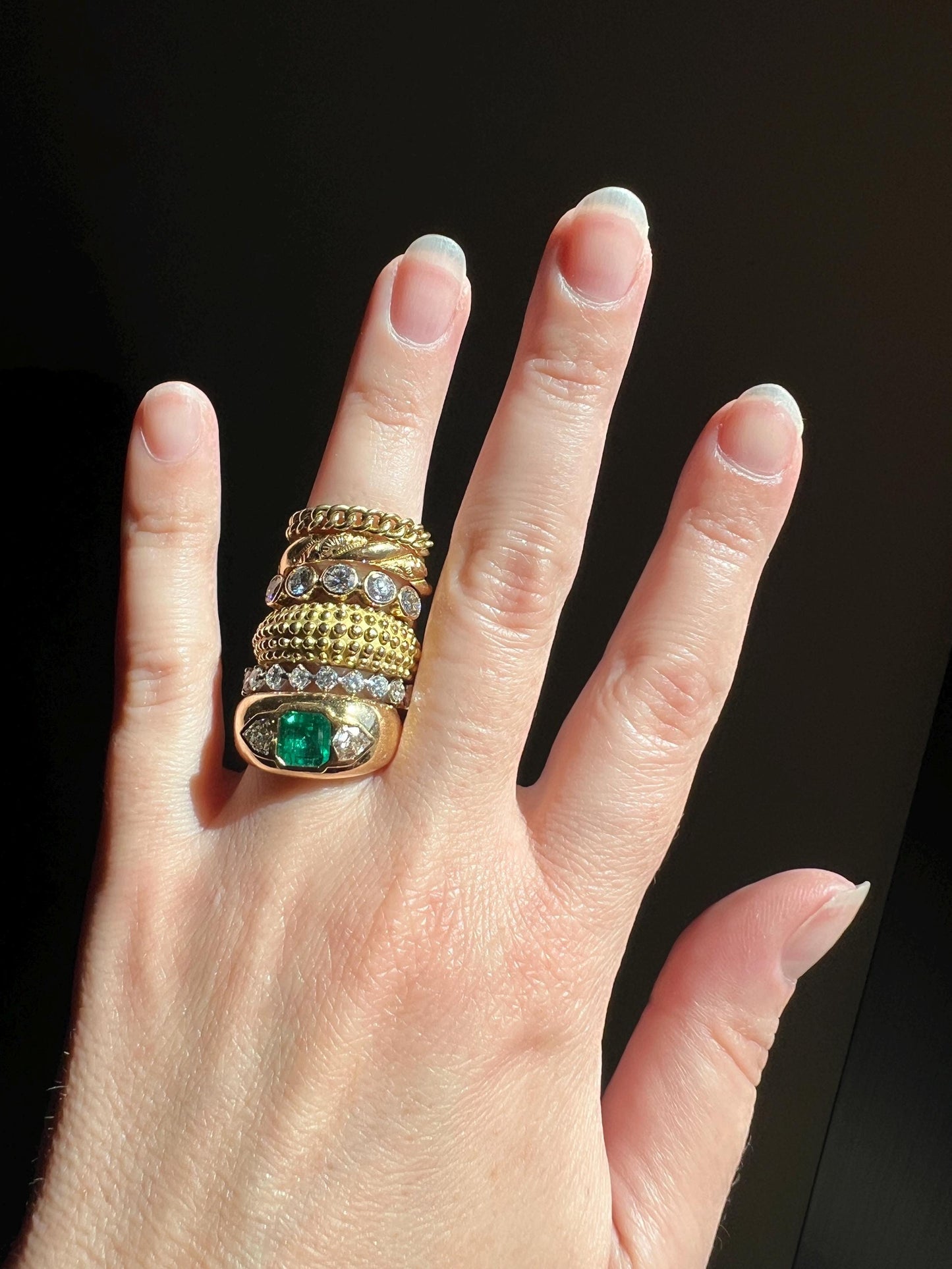 HEXAGON SHIELD Diamond Green EMERALD Chunky Vintage Three Stone Gypsy Ring French 18k Gold Wide Band Natural Geometric Unique Trillion Heavy