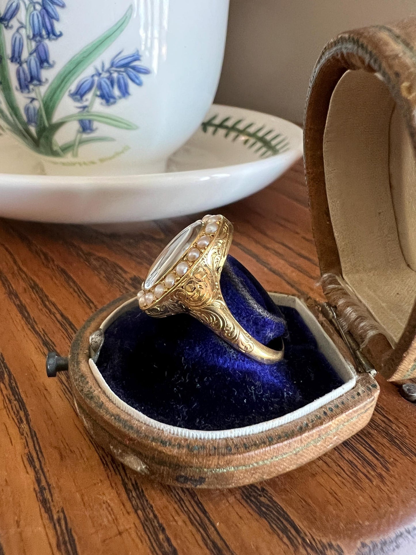 LOCKET Back Ring 18k Gold PEARL Halo Magnifying Lens Ornate 3D Hand Engraved OPENS Hinged Compartment Band Romantic Gift Love Token Scrolled