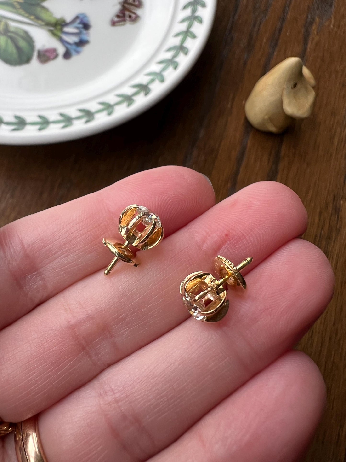 Antique Eye Clean One Carat Tdw Cushion Old Mine Cut DIAMOND Prong Stud Earrings French 18k Gold Romantic Gift 1Ct Earstack Belle Epoque OMC