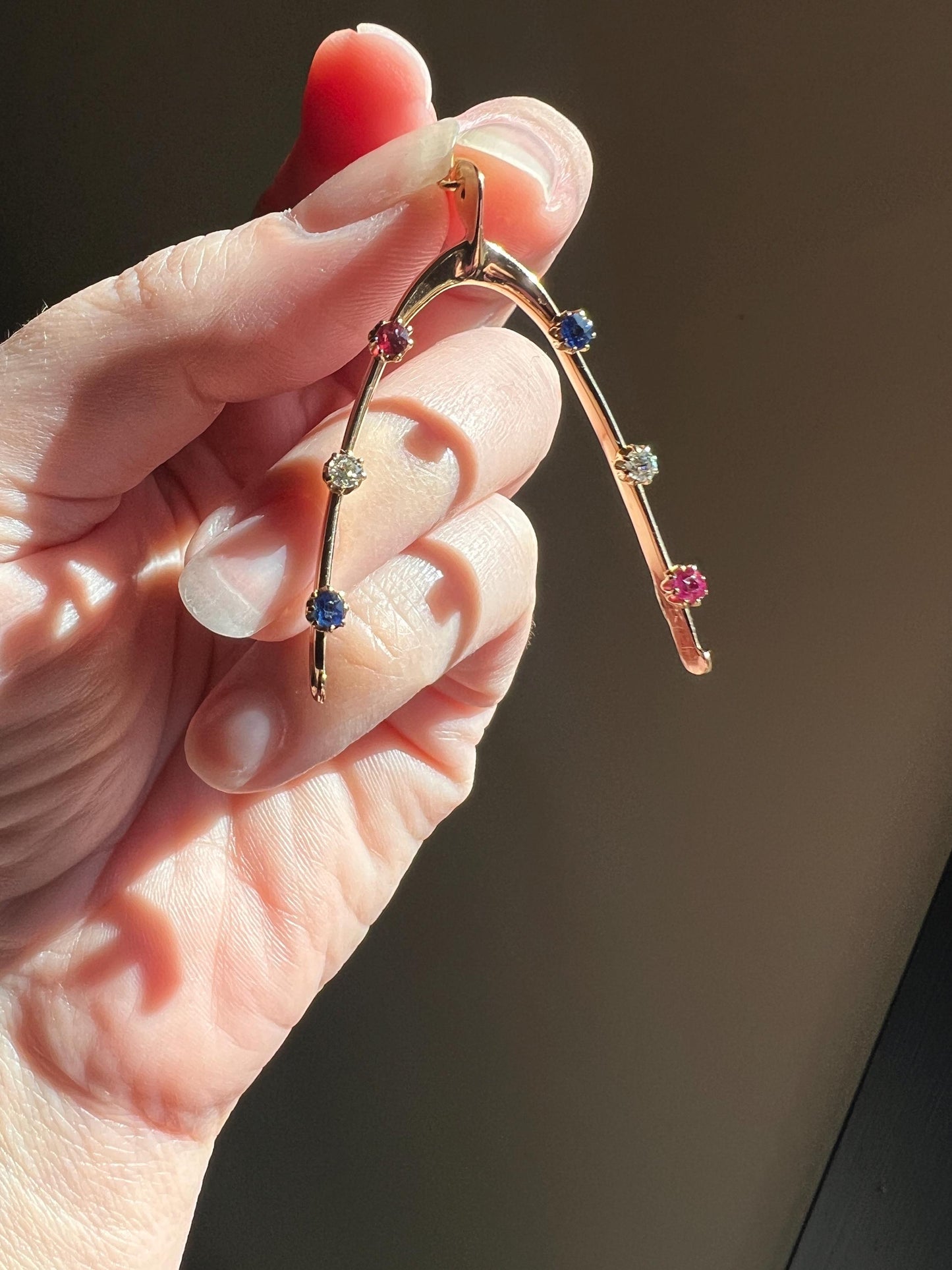 XL Lucky WISHBONE Figural Antique Victorian Good Luck Charm 15k Gold Ruby Sapphire Old Mine Cut Diamond Colorful Amulet Neckmess Neckstack