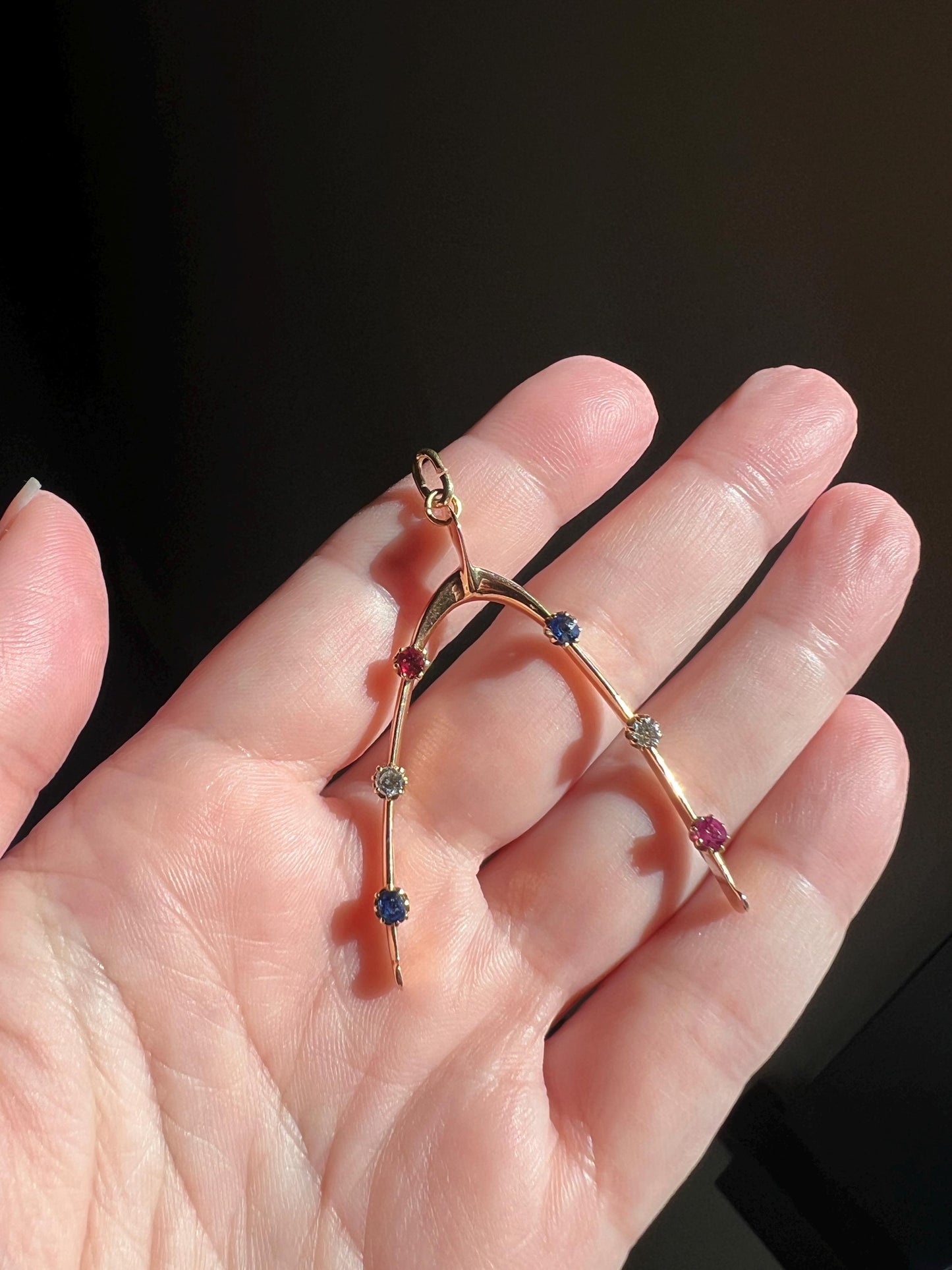 XL Lucky WISHBONE Figural Antique Victorian Good Luck Charm 15k Gold Ruby Sapphire Old Mine Cut Diamond Colorful Amulet Neckmess Neckstack