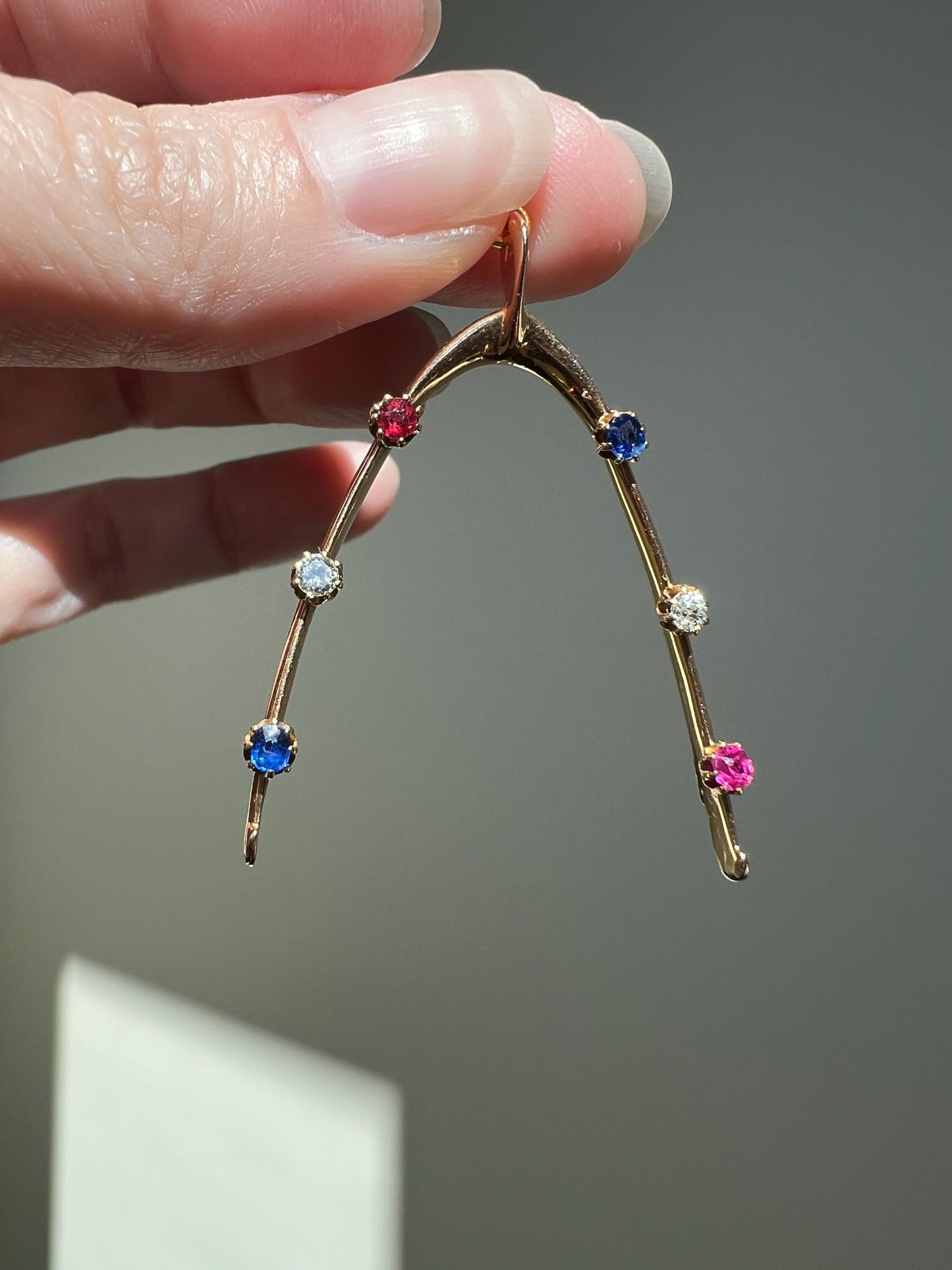 XL Lucky WISHBONE Figural Antique Victorian Good Luck Charm 15k Gold Ruby Sapphire Old Mine Cut Diamond Colorful Amulet Neckmess Neckstack