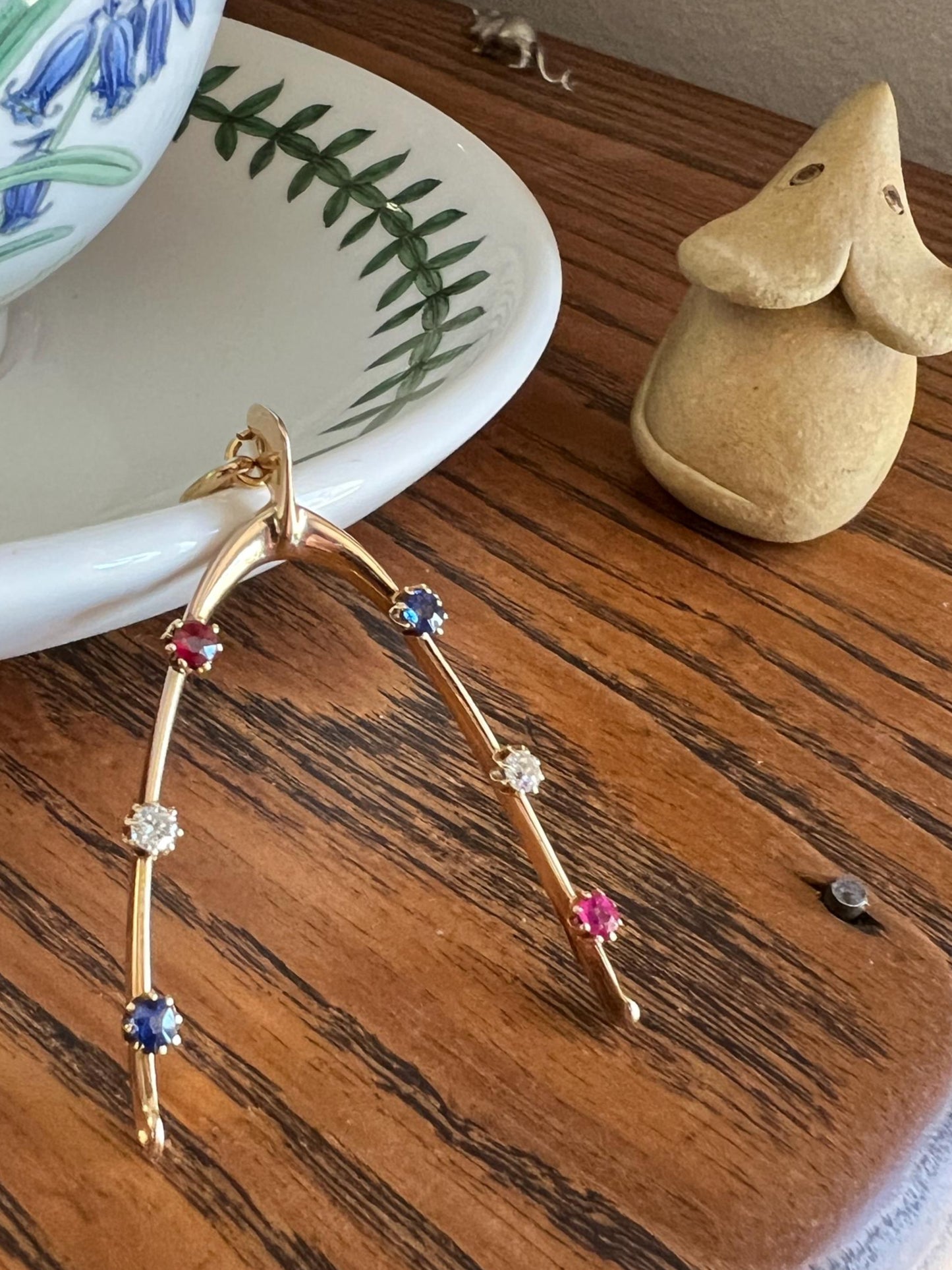 XL Lucky WISHBONE Figural Antique Victorian Good Luck Charm 15k Gold Ruby Sapphire Old Mine Cut Diamond Colorful Amulet Neckmess Neckstack