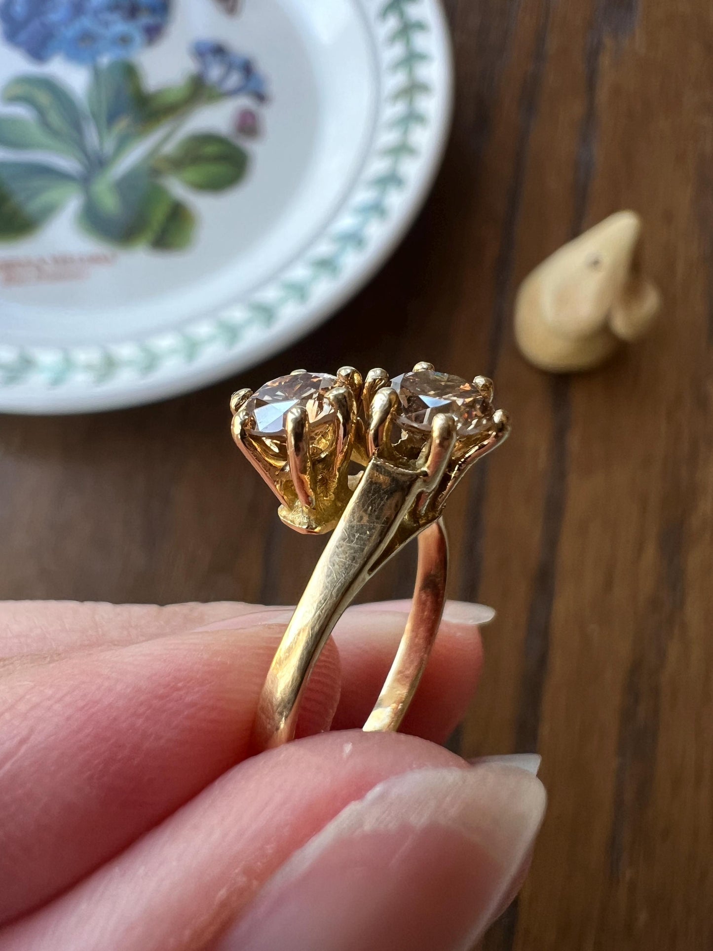 Fancy BROWN 1 Carat Tdw Transitional Cut DIAMOND Toi et Moi Ring 18k Gold Tall Champagne Cognac Stacker French Unique Romantic Gift 1Ctw