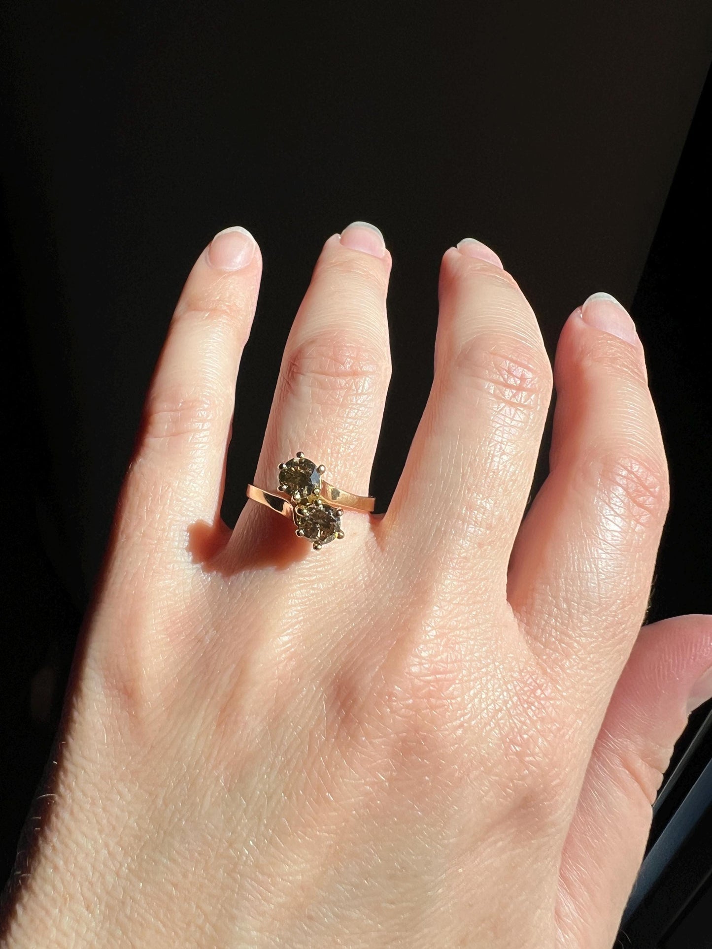 Fancy BROWN 1 Carat Tdw Transitional Cut DIAMOND Toi et Moi Ring 18k Gold Tall Champagne Cognac Stacker French Unique Romantic Gift 1Ctw