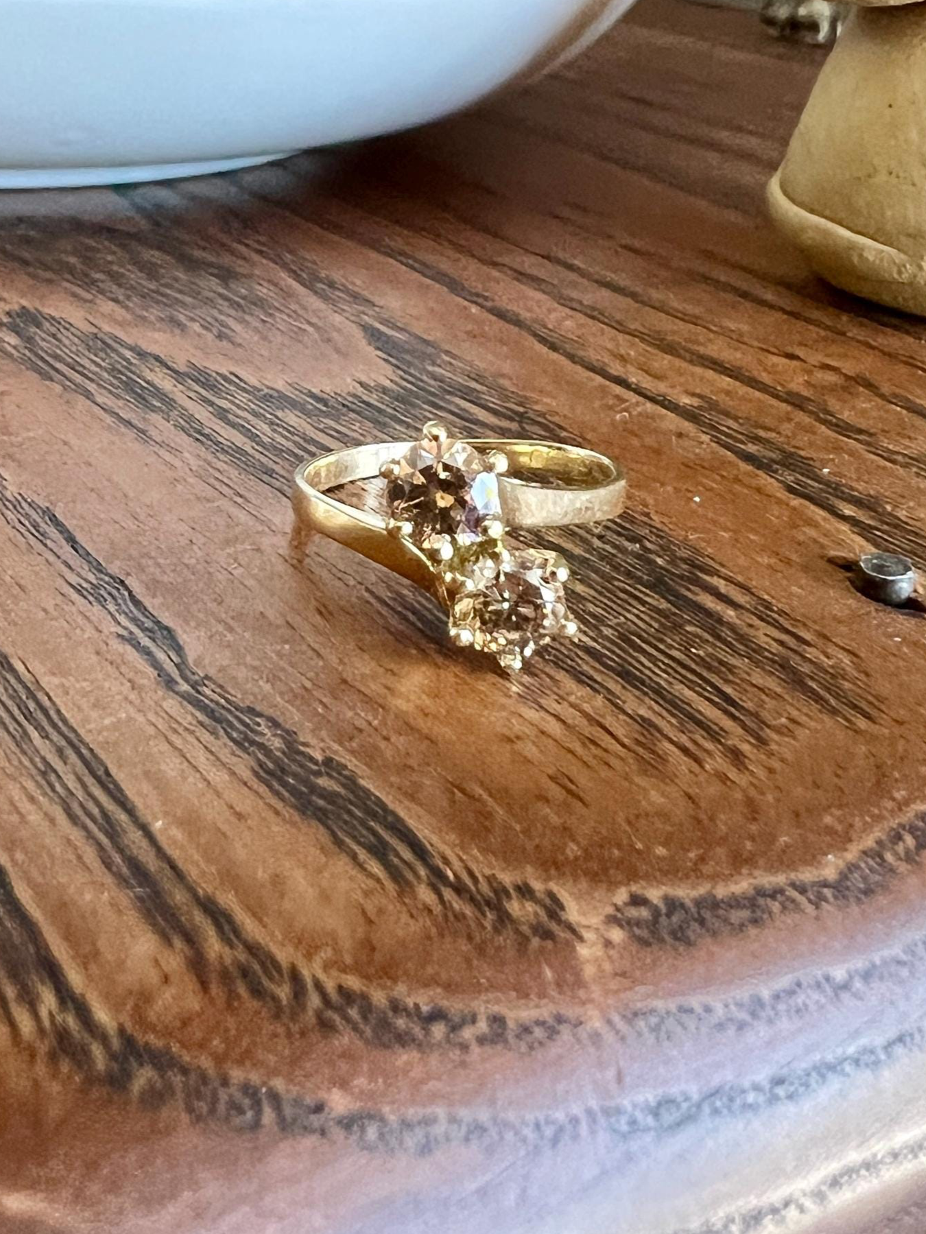 Fancy BROWN 1 Carat Tdw Transitional Cut DIAMOND Toi et Moi Ring 18k Gold Tall Champagne Cognac Stacker French Romantic Gift