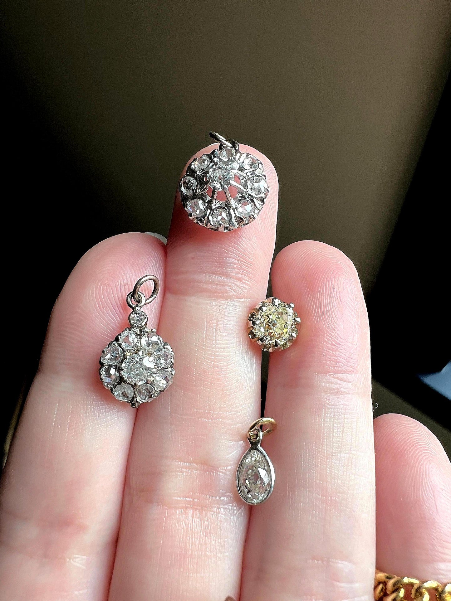 Antique .54 Carat PEAR Natural Old Mine Cut DIAMOND Chunky Dangle Pendant 18k White Gold 9k YG Loop Minimalist Bracelet Necklace Charm OmC