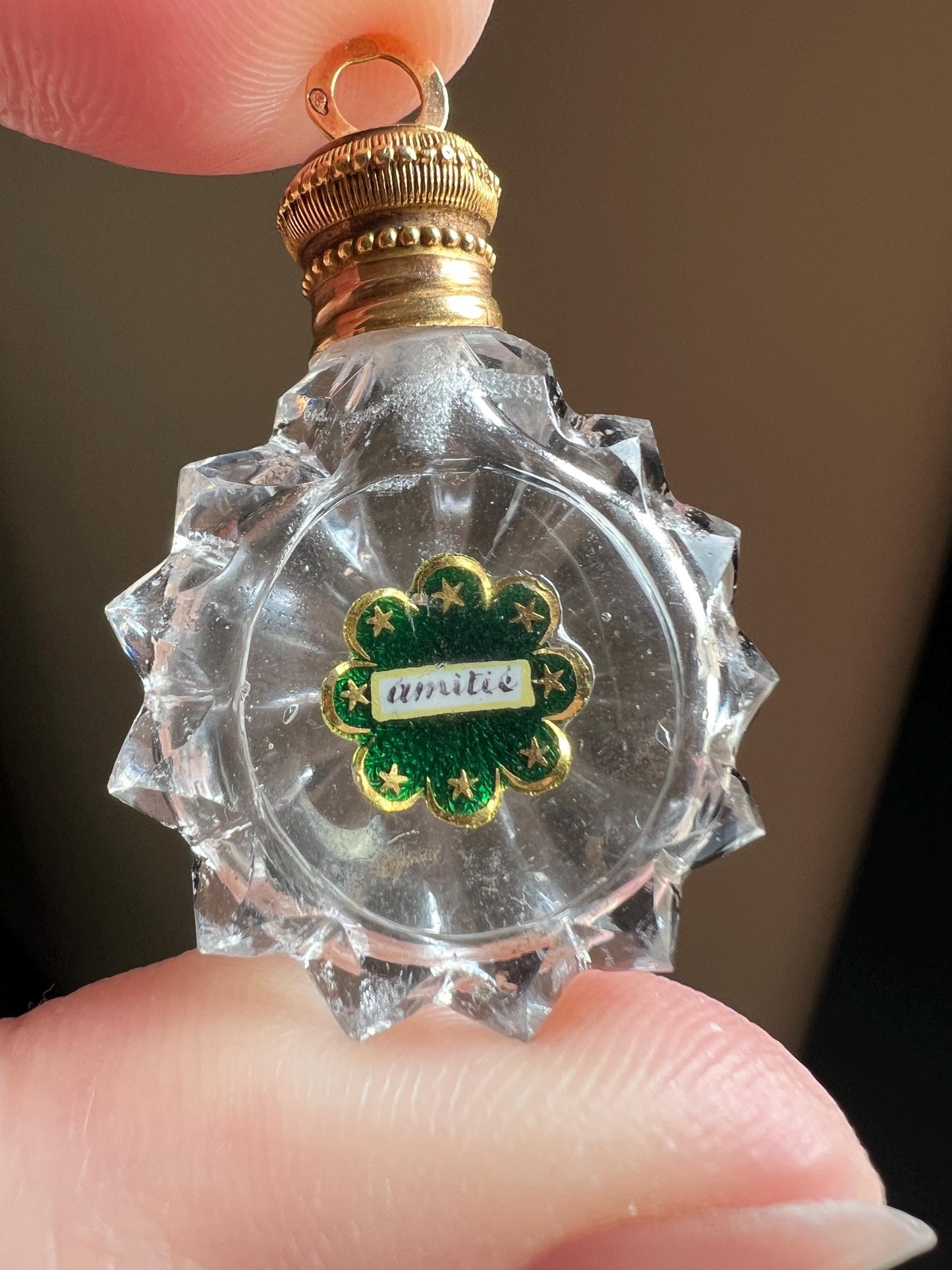 AMITIE Friendship Antique GEORGIAN Era 18k Gold Glass Perfume PENDANT French Chatelaine Vinaigrette Scent Bottle Green Ornate Shaker Locket