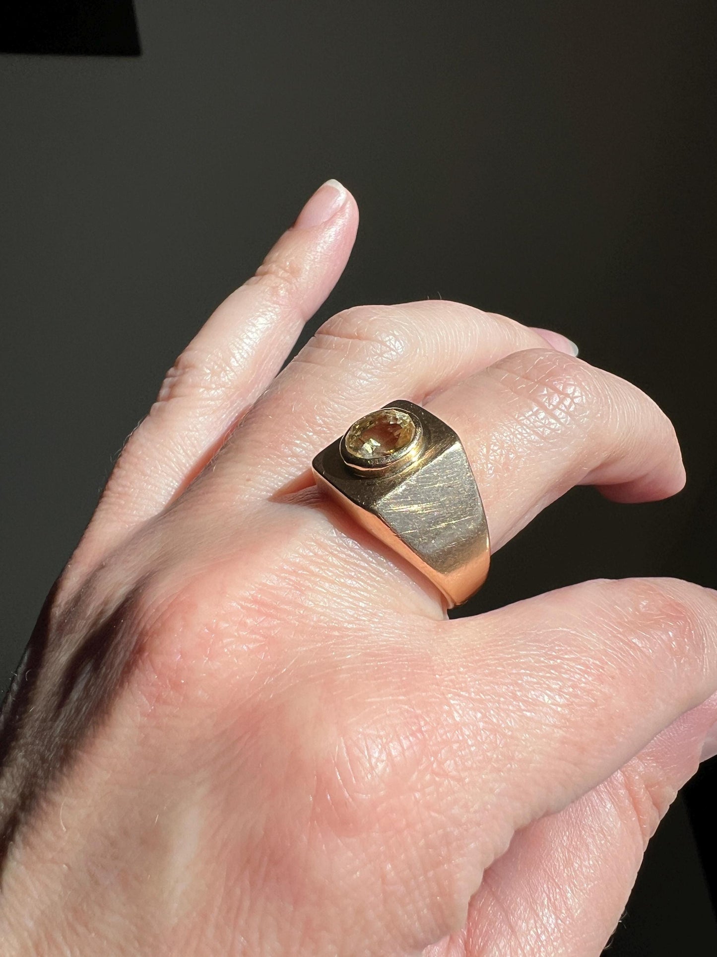 Chunky YELLOW SAPPHIRE French Vintage Art Deco Pale Canary Oval 18k Gold Ring CHUNKY Wide Band Signet Unisex Man or Stacker Rectangle Band