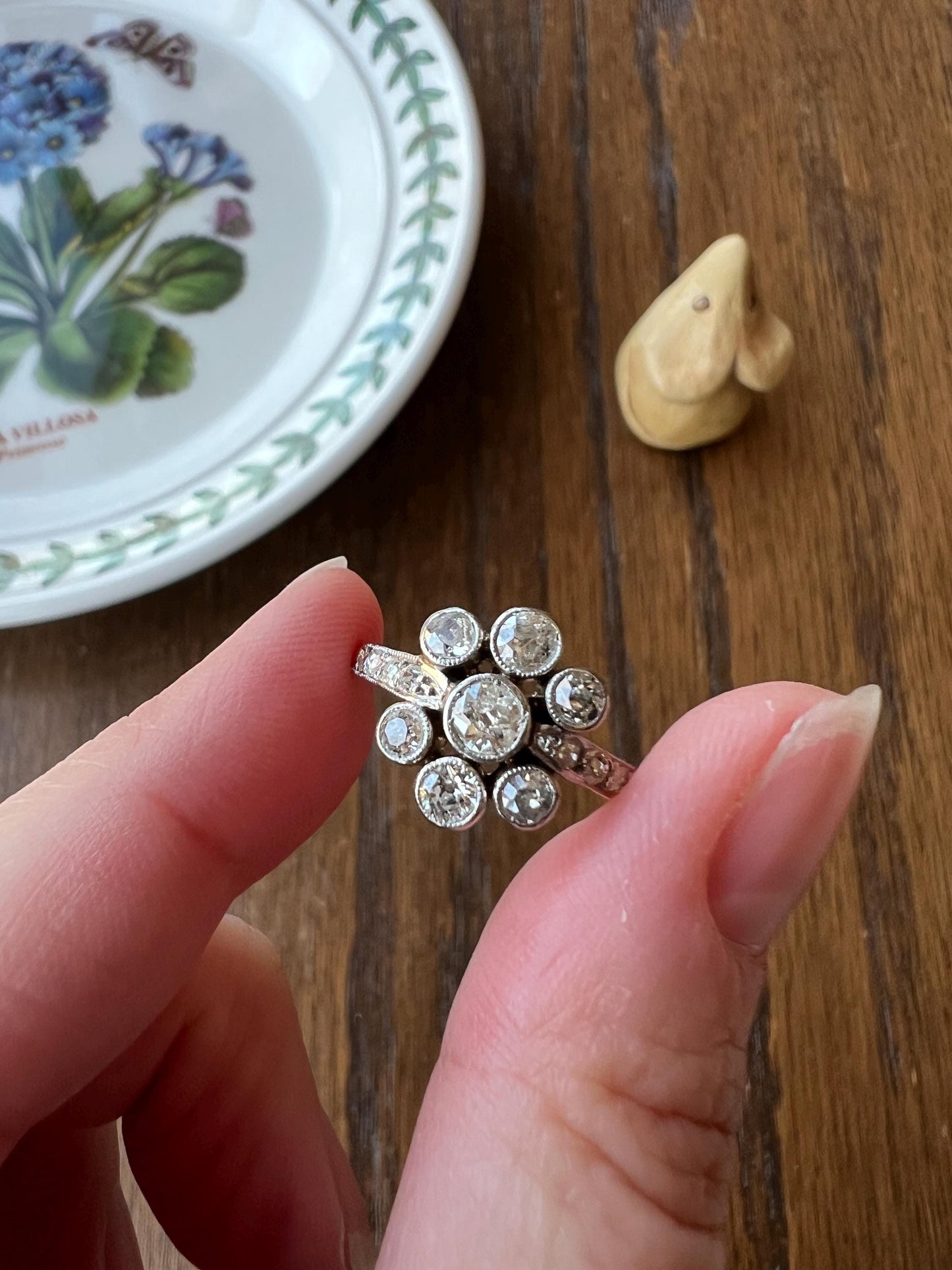 Unique 1 Carat Antique Rose & Old Mine Cut DIAMOND Seven Stone Cluster Ring 18k White Gold French Art Deco Bezel Set Halo OmC 1Ctw Tdw