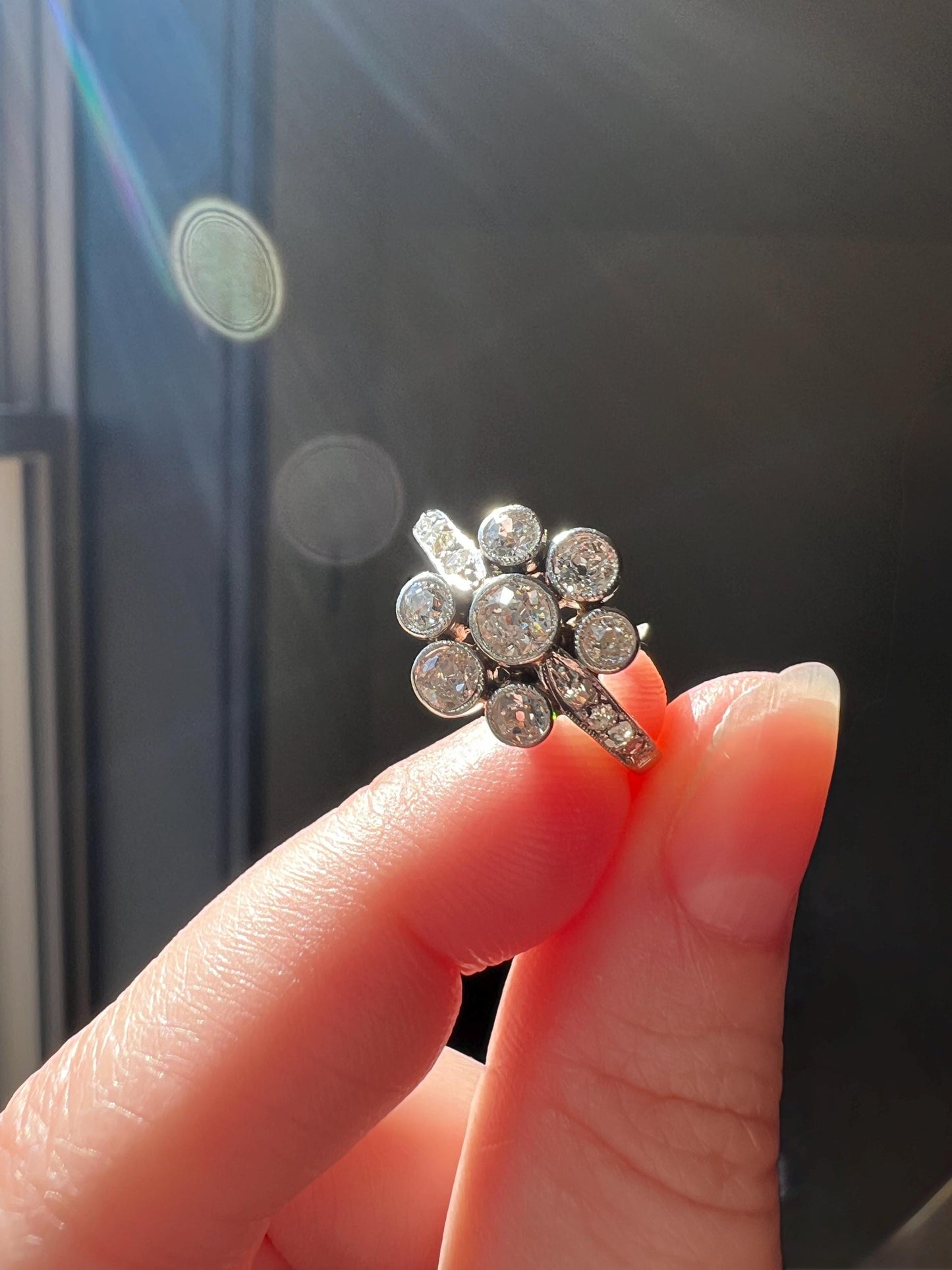 Unique 1 Carat Antique Rose & Old Mine Cut DIAMOND Seven Stone Cluster Ring 18k White Gold French Art Deco Bezel Set Halo OmC 1Ctw Tdw
