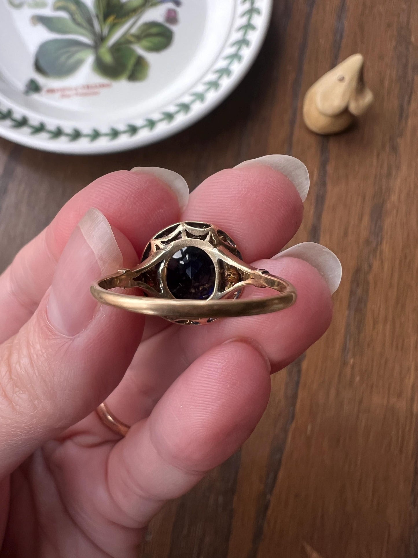Blue Sapphire Rose Cut DIAMOND Halo Ring French Antique Band Ring 18k Gold Platinum Round Bullseye Target Stacker Romantic Gift