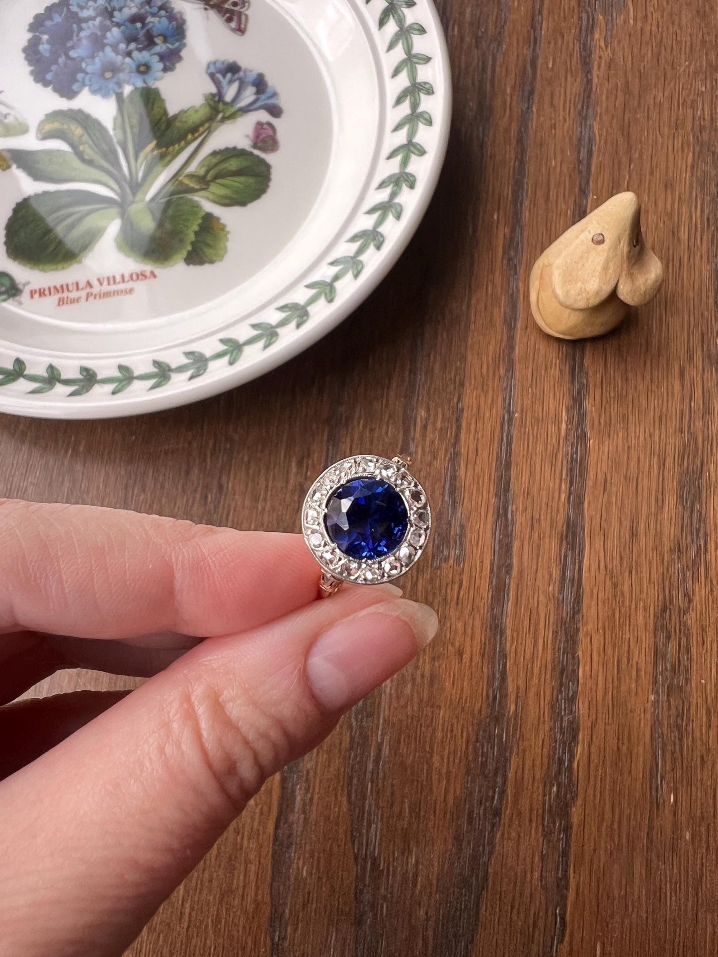Blue Sapphire Rose Cut DIAMOND Halo Ring French Antique Band Ring 18k Gold Platinum Round Bullseye Target Stacker Romantic Gift