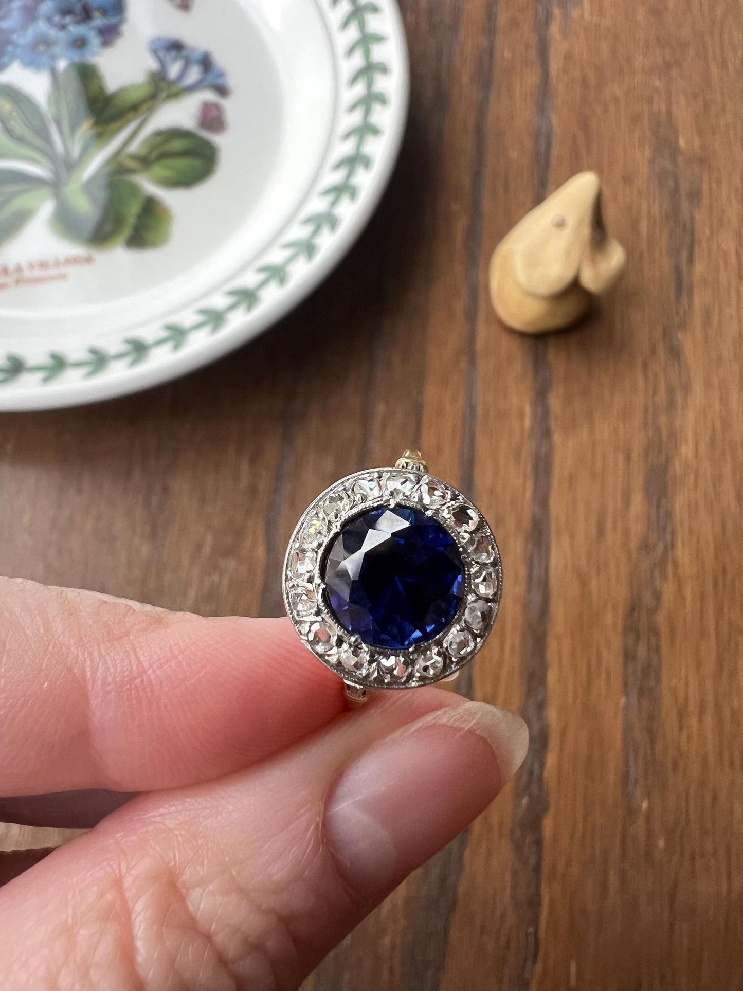 Blue Sapphire Rose Cut DIAMOND Halo Ring French Antique Band Ring 18k Gold Platinum Round Bullseye Target Stacker Romantic Gift