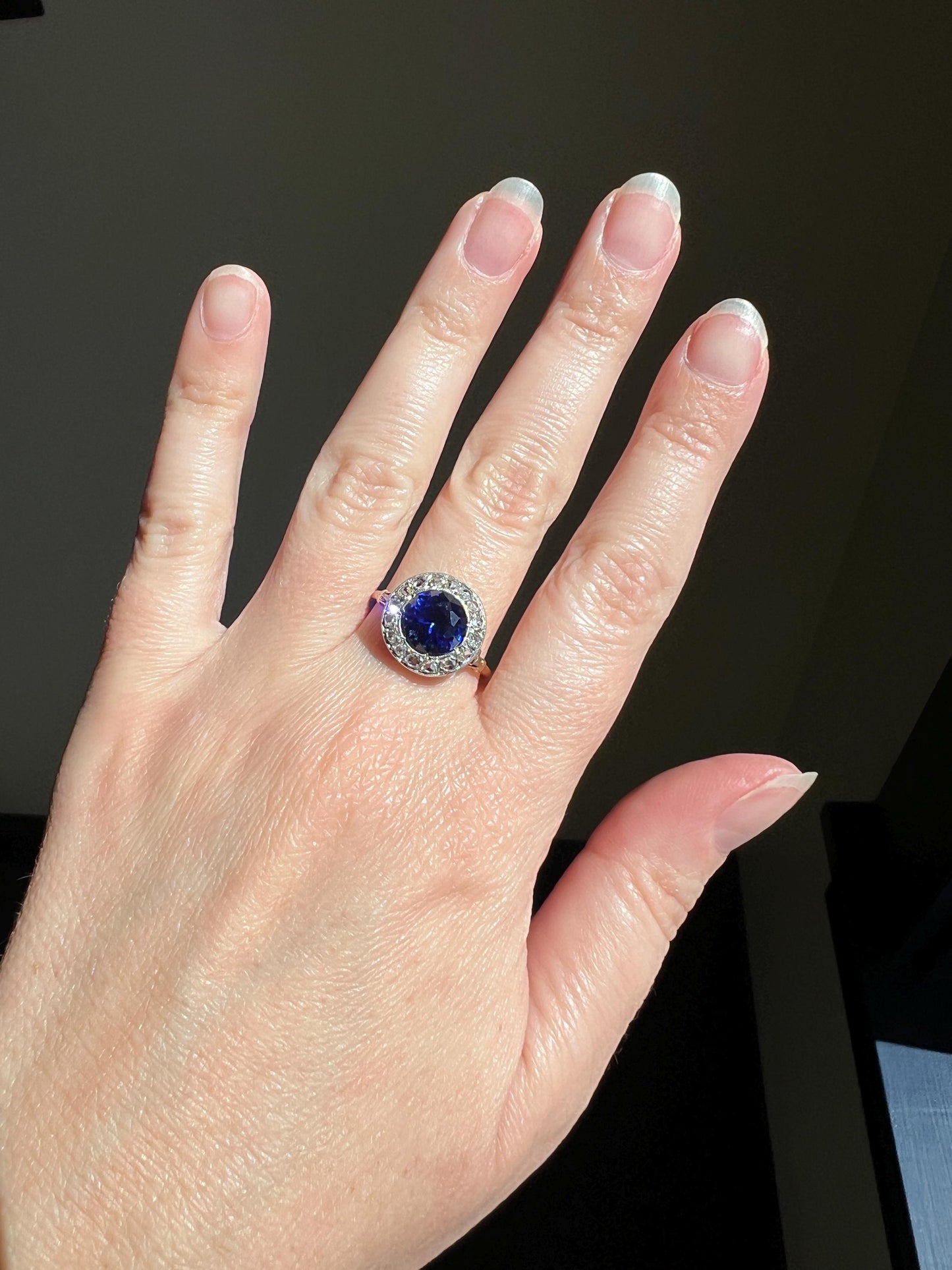 Blue Sapphire Rose Cut DIAMOND Halo Ring French Antique Band Ring 18k Gold Platinum Round Bullseye Target Stacker Romantic Gift