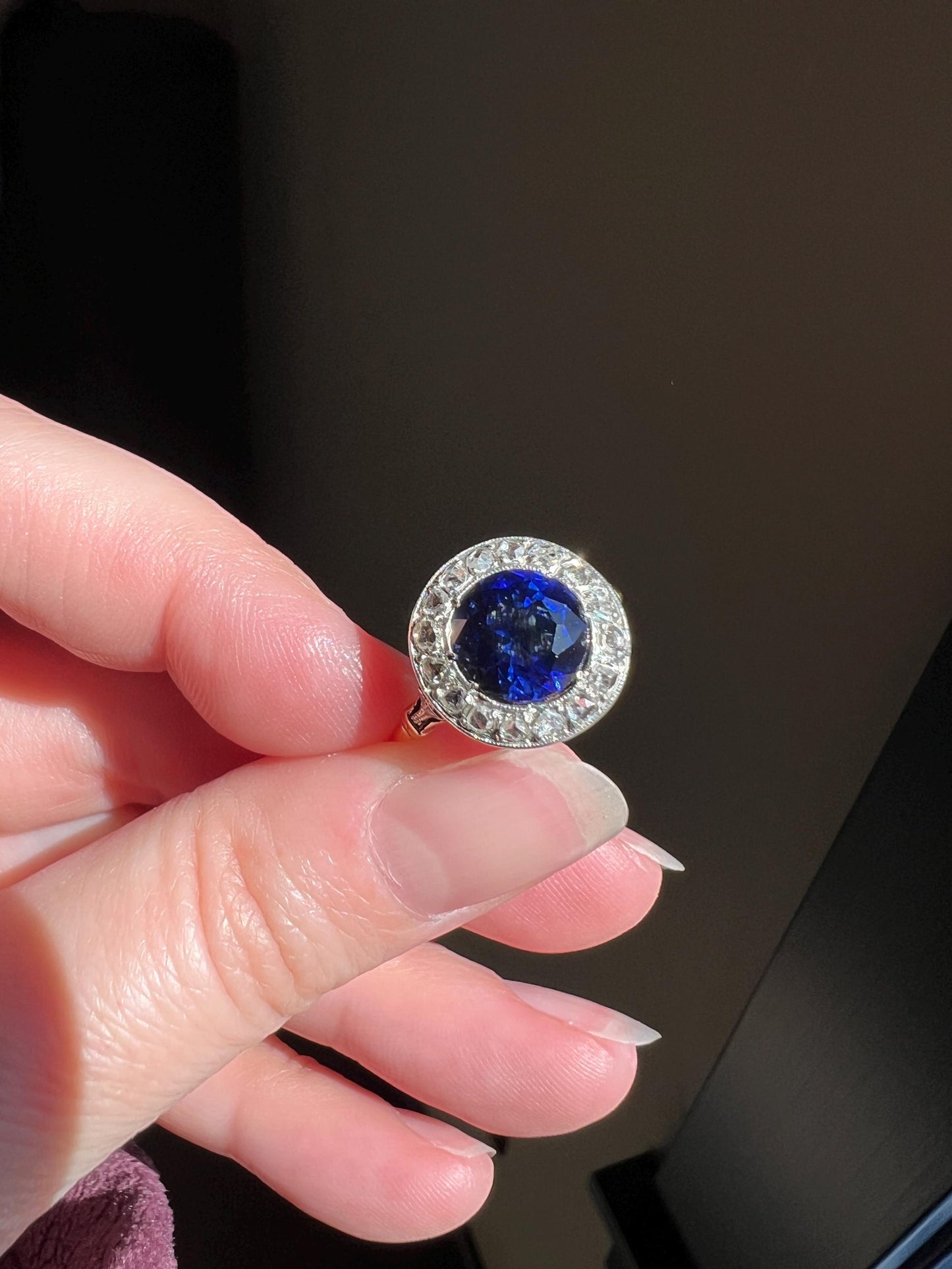 Blue Sapphire Rose Cut DIAMOND Halo Ring French Antique Band Ring 18k Gold Platinum Round Bullseye Target Stacker Romantic Gift
