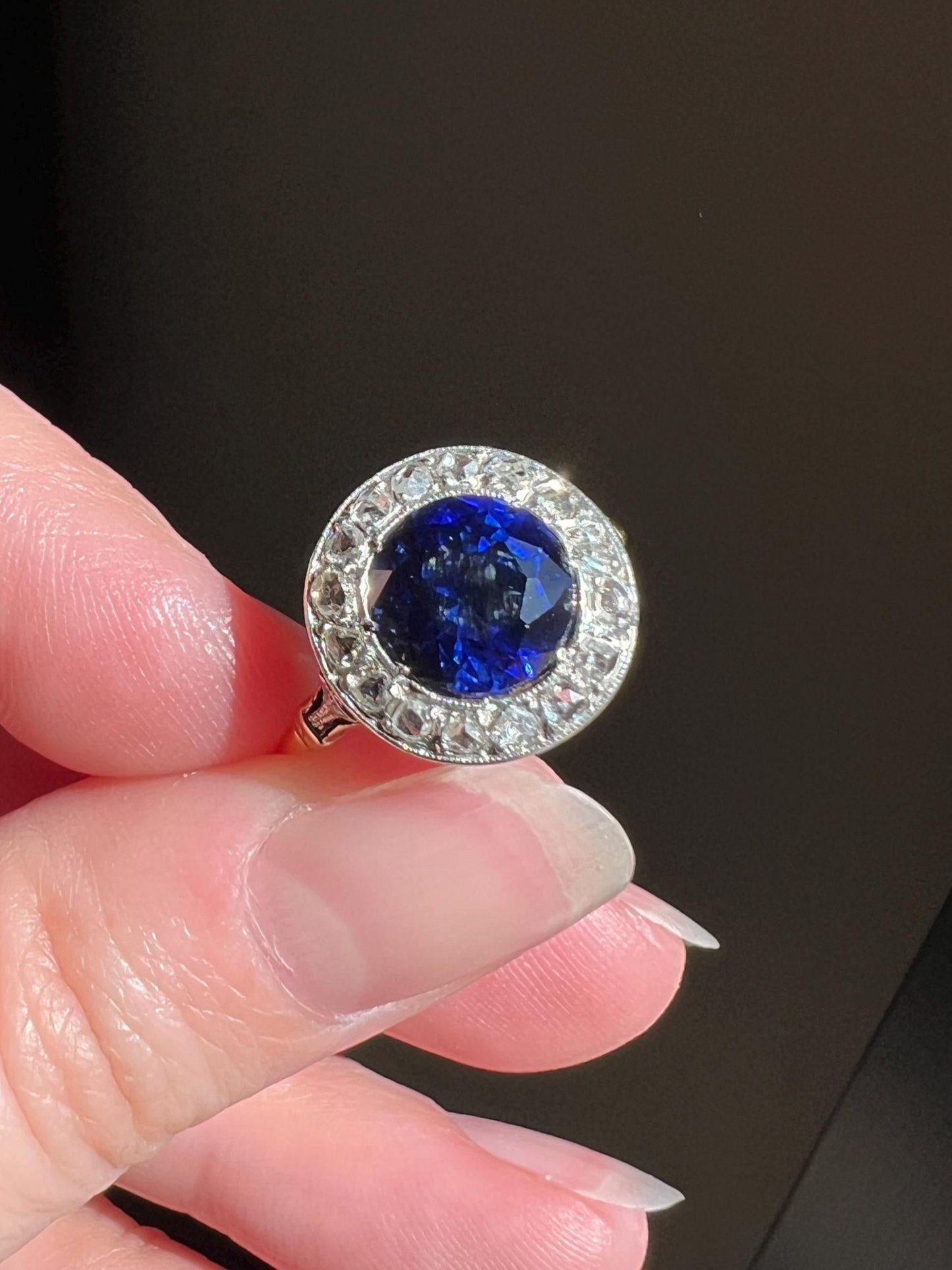 Blue Sapphire Rose Cut DIAMOND Halo Ring French Antique Band Ring 18k Gold Platinum