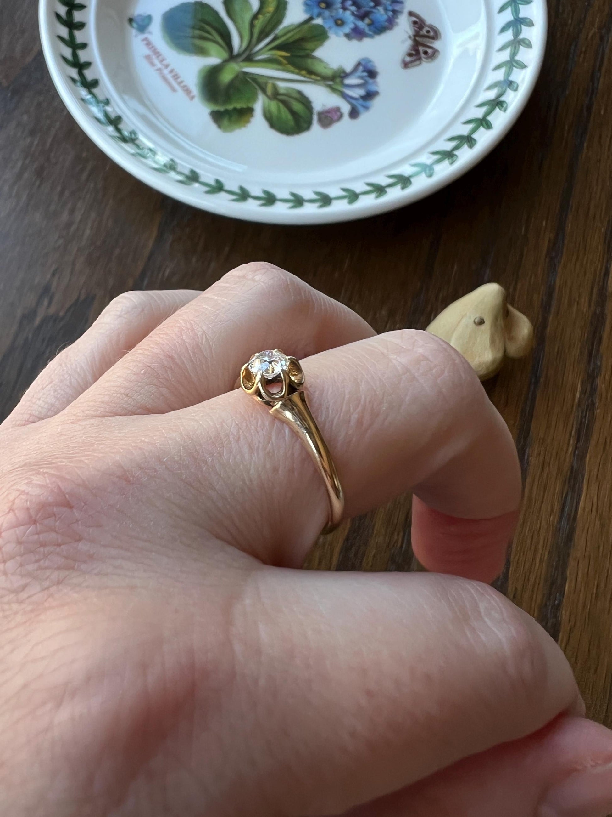 Antique 1/3 Carat Old Mine Cut DIAMOND Eye Clean 14k Gold Ring .33ct Engagement Solitaire Stacker Man Unisex Buttercup Belcher Romantic Gift