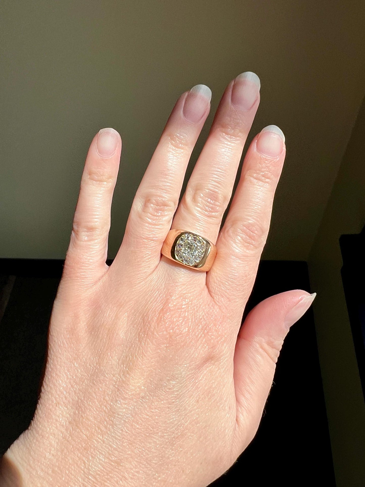 ANTIQUE 1 1/4 Carat Eye Clean Old Mine Cut DIAMONDS Chunky 18k Gold 12mm Wide Cigar Band Cluster Halo Ring French Cobblestone Stacker OmC