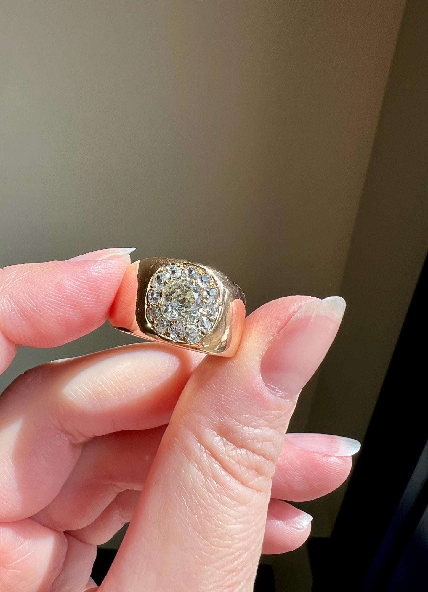 ANTIQUE 1 1/4 Carat Eye Clean Old Mine Cut DIAMONDS Chunky 18k Gold 12mm Wide Cigar Band Cluster Halo Ring French Cobblestone Stacker OmC