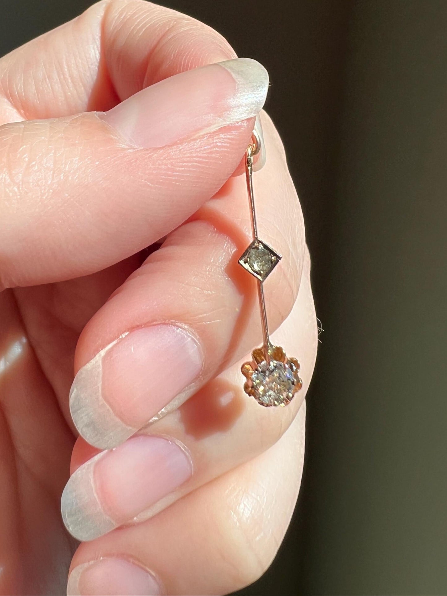 VICTORIAN Antique Old Mine Cut DIAMOND Rose Cut Dangle PENDANT Linear Charm 18k Gold 10k Loop French Belle Epoque Buttercup Minimalist Gift