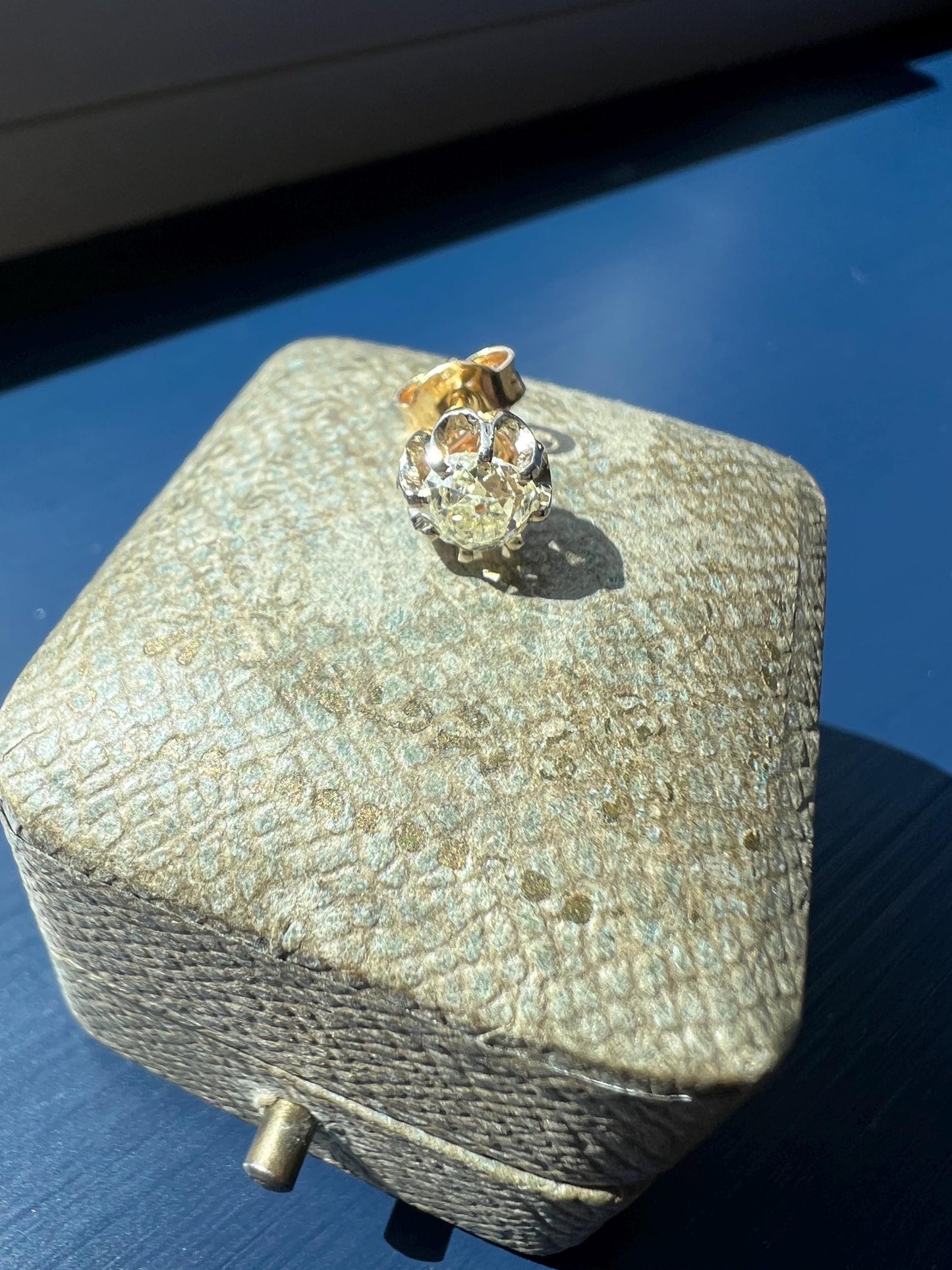 Single Antique .6 Carat Eye Clean Pale Yellow Old Mine Cut DIAMOND Prong Set Stud Earring French 18k Gold Gift Earstack Belle Epoque OMC
